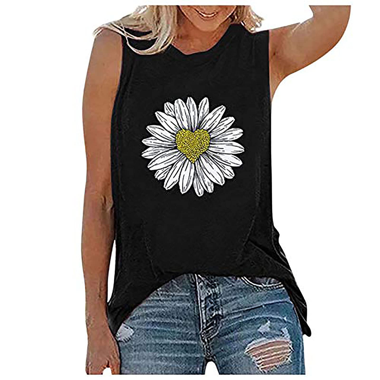 Women's Sunflower Print Loose Tank Top - Casual Basic Summer Cute T-Shirt for Women | Perfect for Beach, Vacation & Everyday Wear