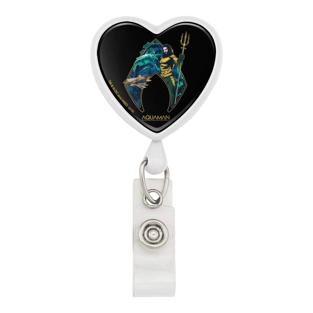 Aquaman Movie Atlantis Logo Heart Lanyard - Retractable Badge ID Card Holder with Keychain for Work, School, and Events (Superhero Gift Idea)