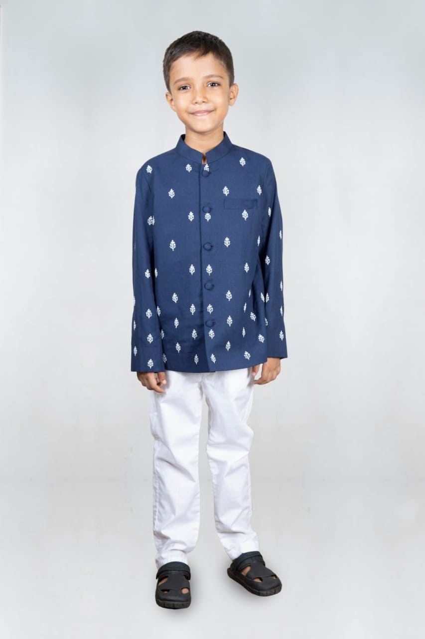 Pre Order: Blue Prince Coat with Embroidered Butta and Off White Pant - Elegant Royal Wedding Attire for Men, Perfect for Formal Events, Ceremonies, and Special Occasions