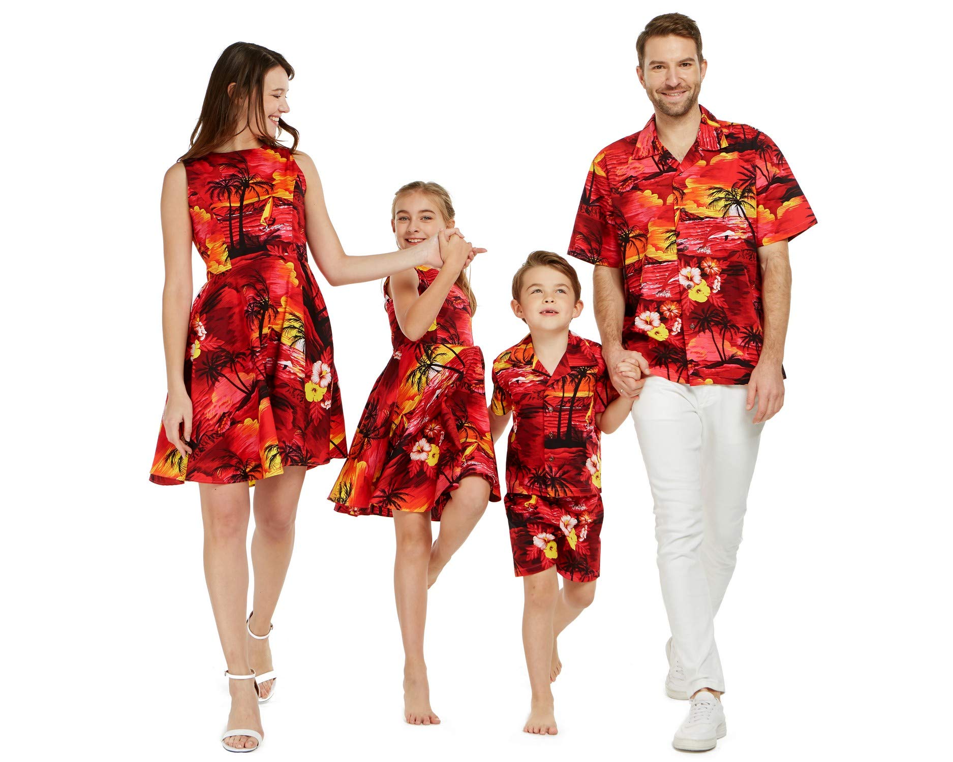 Hawaiian Luau Outfits for Family - Matching Aloha Shirts & Dresses for Men, Women, Boys & Girls in Sunset Red | Tropical Beach Party, Summer Vacation & Theme Party Wear