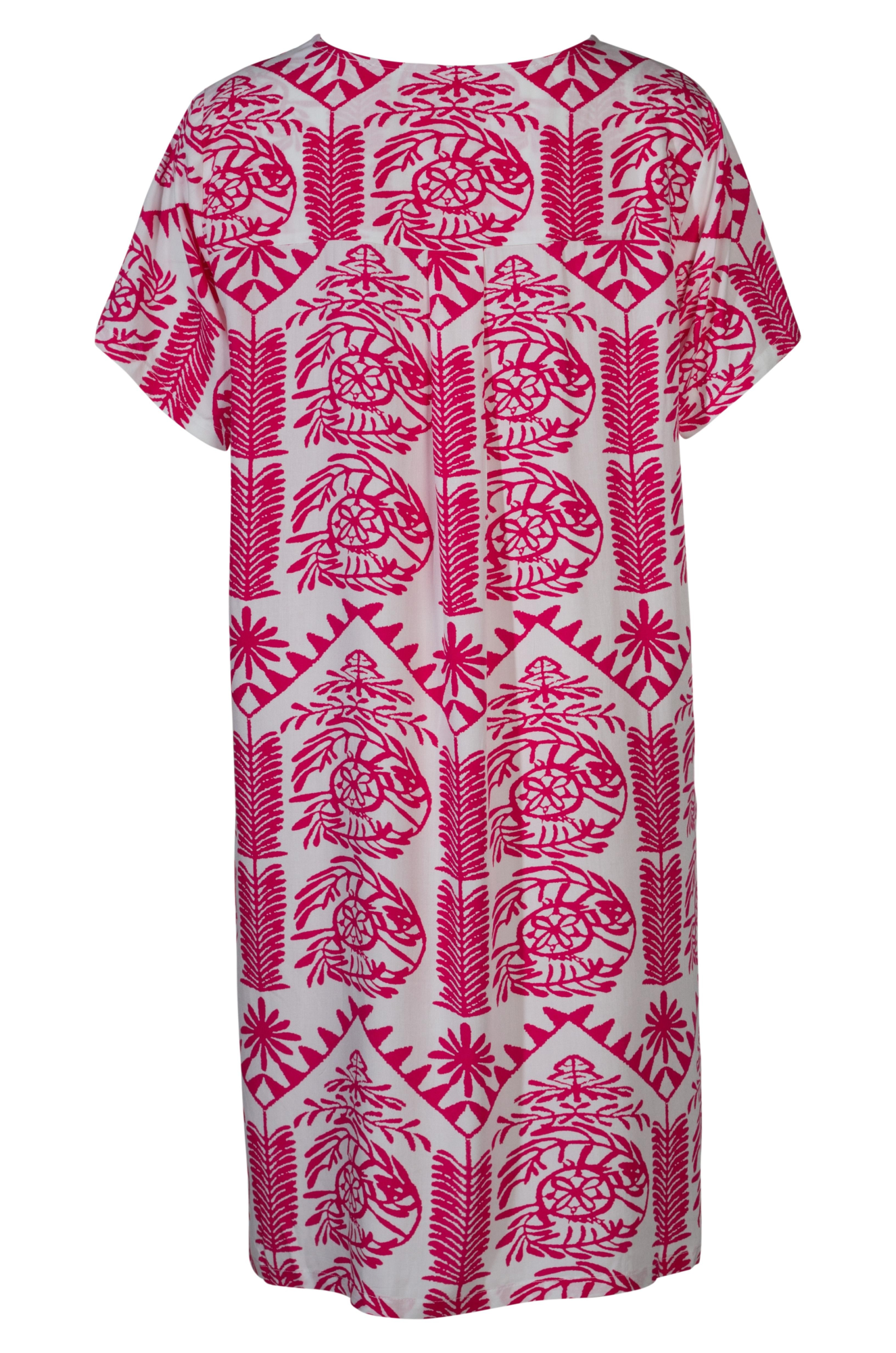 Elegant Round Neck Dress with Pockets - Cerise White Tile Print | Women's Casual Summer Dress (Style 3341A1) | Perfect for Office Wear, Date Nights & Weekend Outings