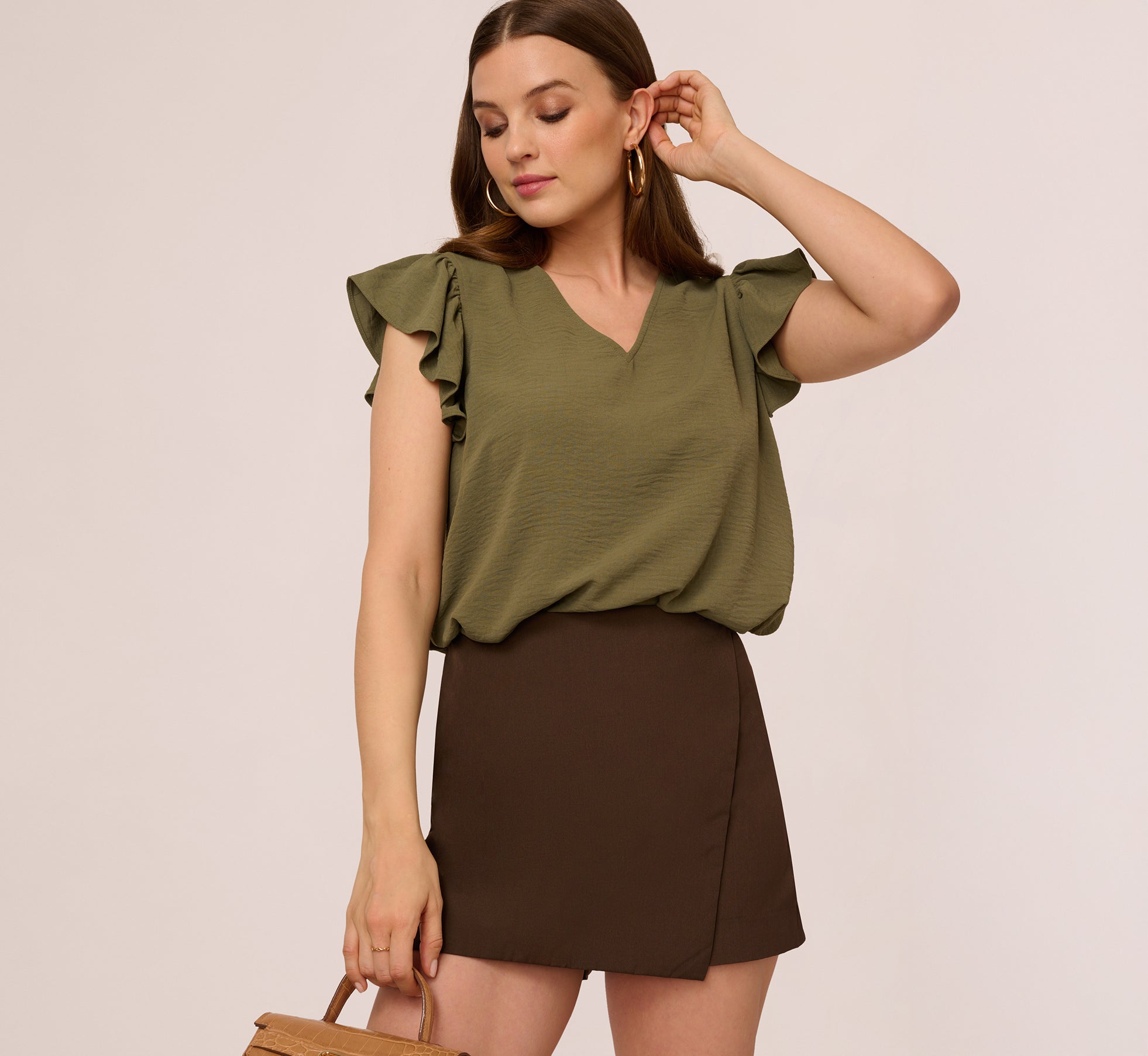 Olivine Green Ruffle Sleeve V-Neck Satin Blouse for Women - Elegant Party Top for Date Night & Special Occasions