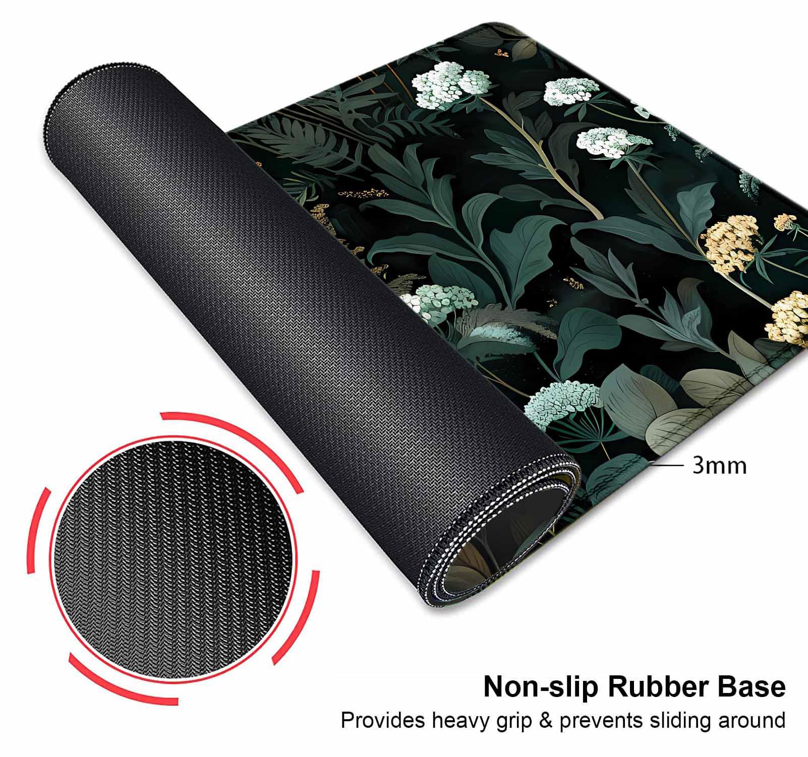 Green Floral XXL Desk Mat - Aesthetic Black Mouse Pad with Plant Design, Large Office Desk Accessory for Work & Gaming - Perfect Gift for Home & Workspace