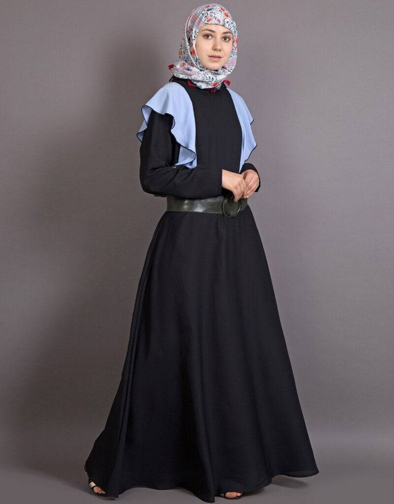 Stylish Arabic Frill Abaya for Women - Casual Daily Wear Sky Blue & Black - Perfect for College, Work, and Special Occasions