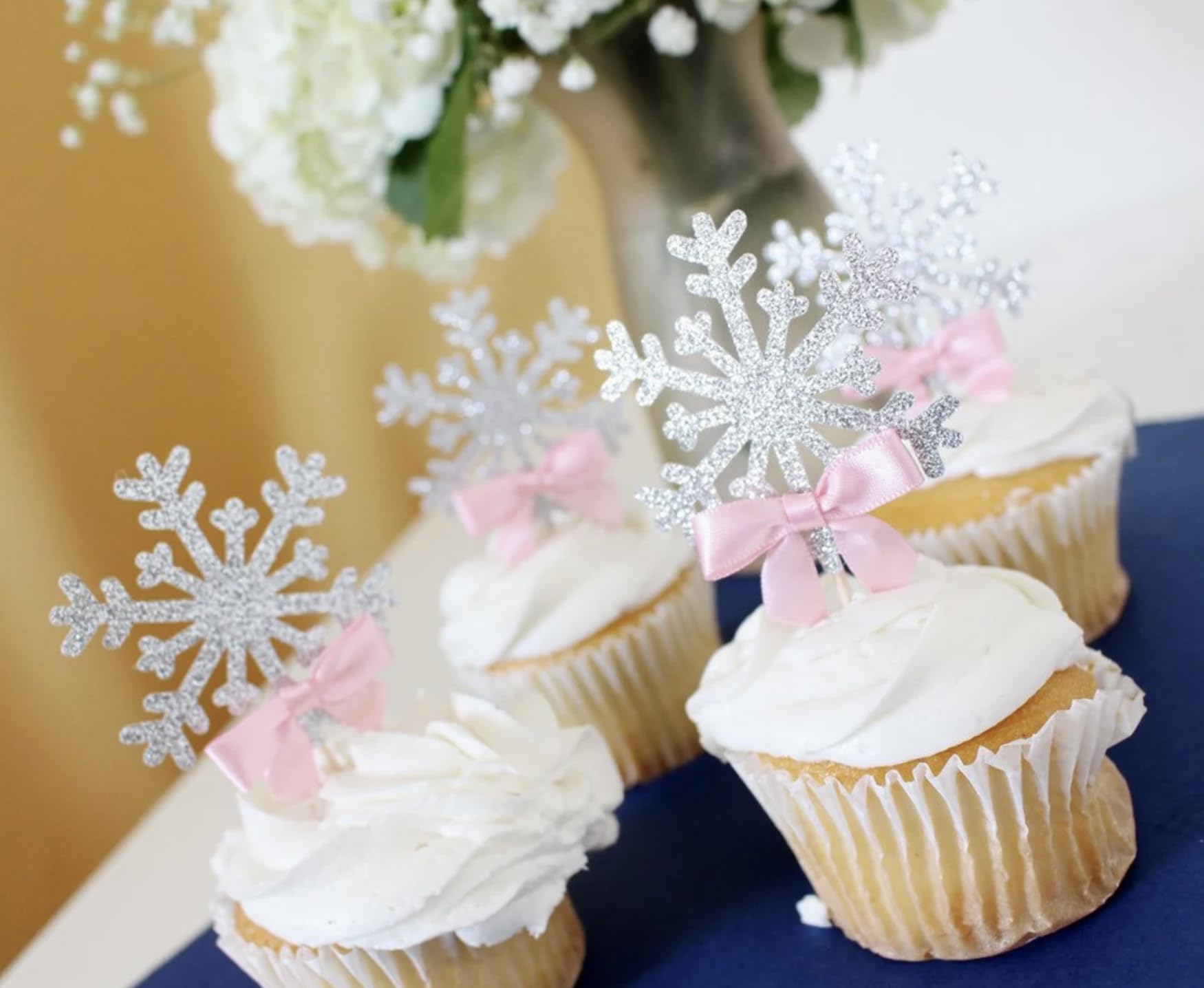 Snowflake Cupcake Toppers with Satin Ribbon Bow – Frozen Winter Wonderland Christmas Decorations for Cupcakes, Donuts & Cakes – Set of 12 (Blue) – Perfect for Holiday Parties, Birthday Celebrations & Winter Wedding Desserts