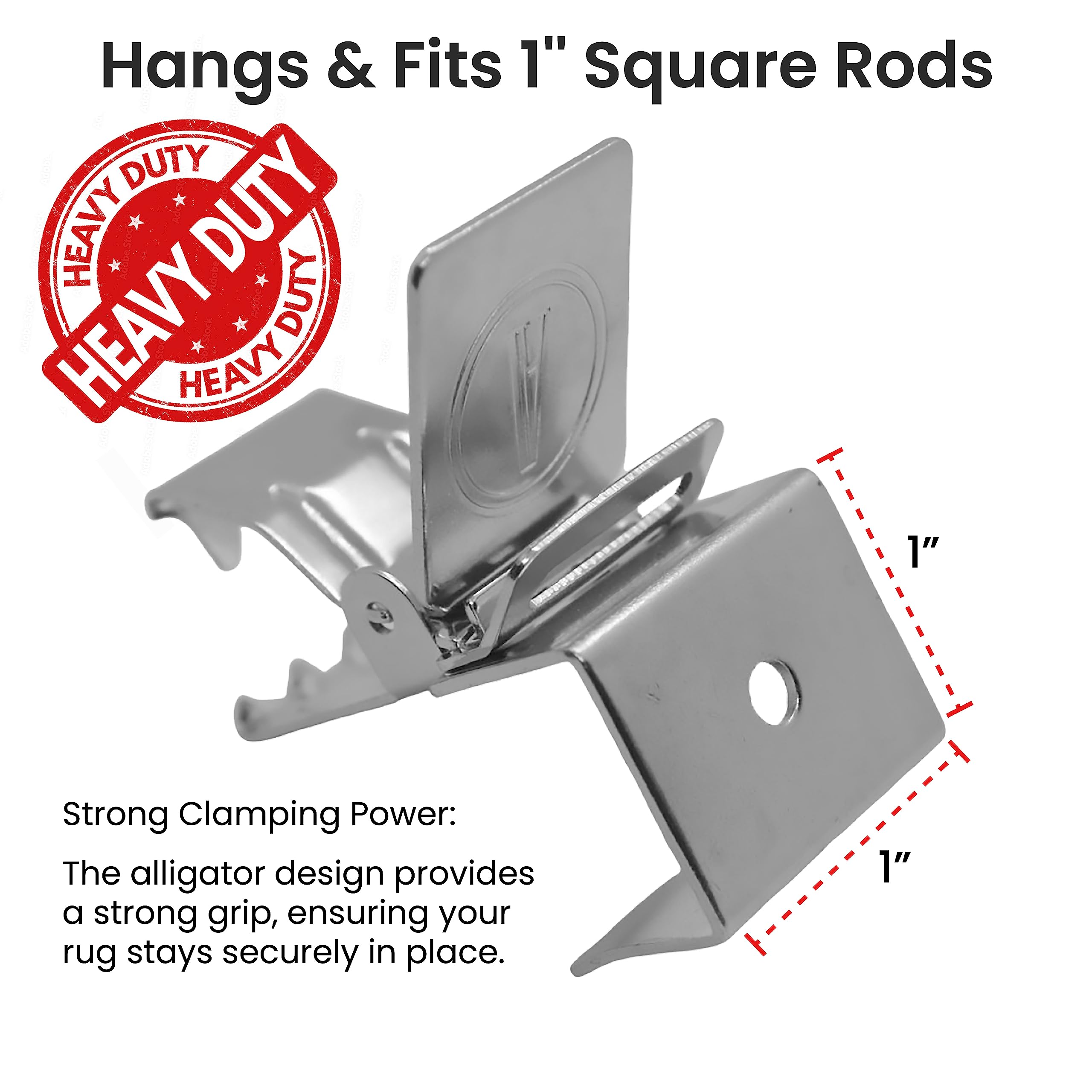 Heavy Duty Alligator Rug Clips for Large Rugs - 1 Inch Square Rod Compatible - Silver (10 Pack) - Perfect for Rug Display on Arms, Racks & Showroom Walls