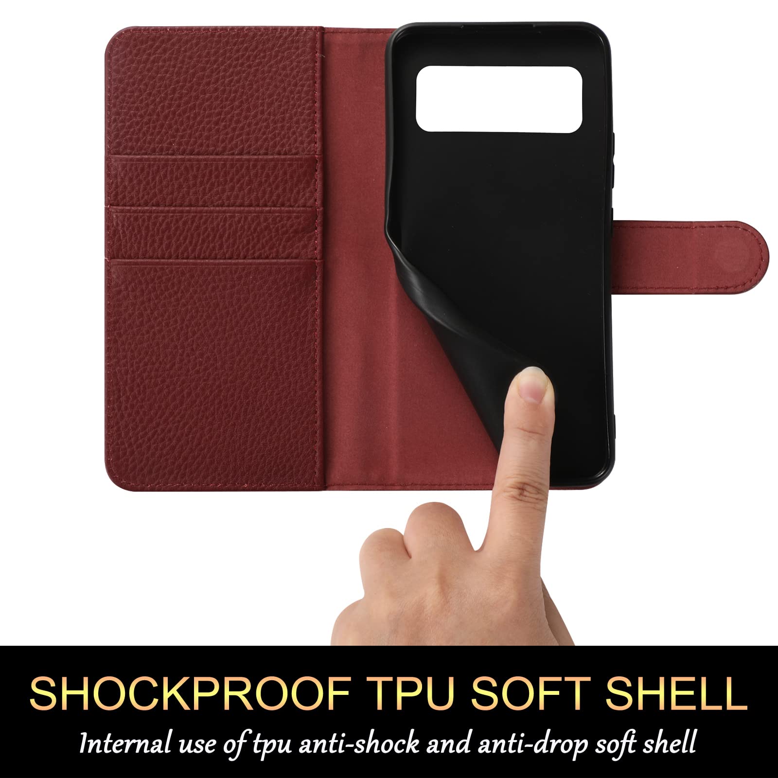 Google Pixel 6 Pro Wallet Case - Genuine Cowhide Leather RFID Blocking Flip Cover with Card Holder & Kickstand | Shockproof TPU Shell | Wine Red | Perfect for Business Travel & Daily Commute