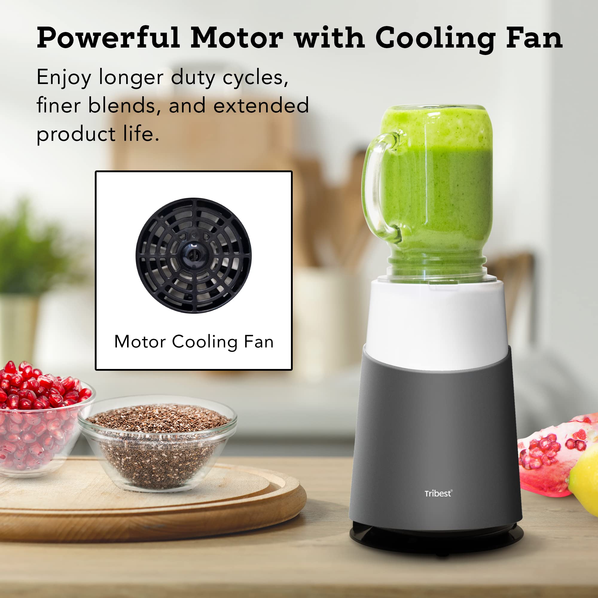 Tribest II Ready Personal Blender with Mason Jar Mug - 500W Powerful Countertop Blender for Smoothies, Protein Shakes & Meal Prep - Compact Gray Blender for Home, Office & Gym Use