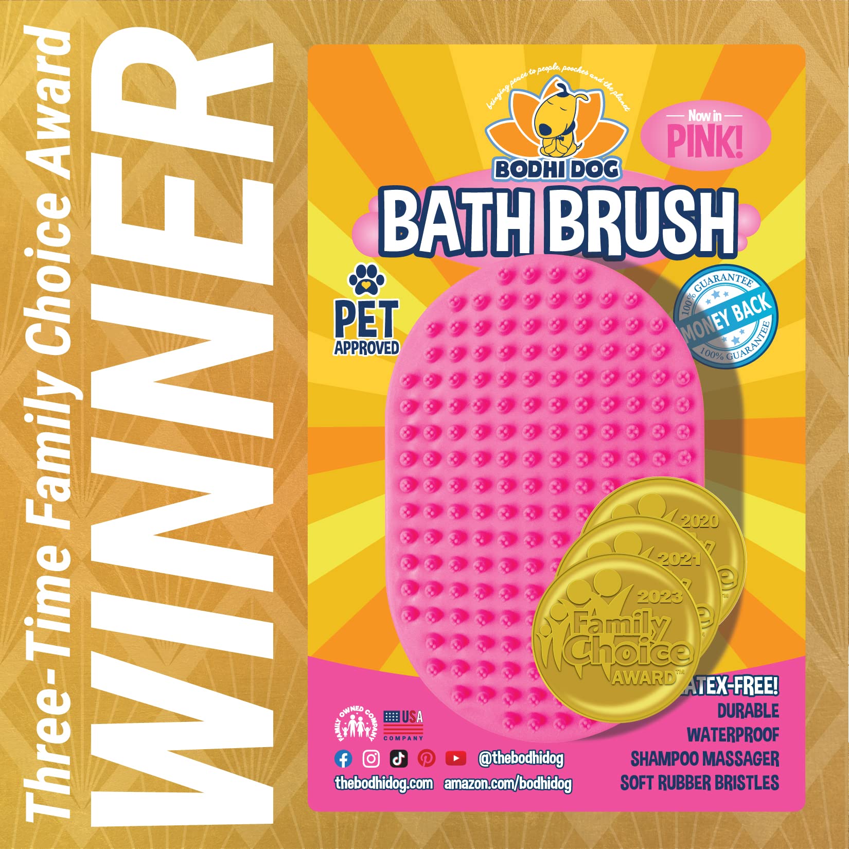 Bodhi Dog Shampoo Brush - Premium Pet Grooming Brush for Dogs & Cats with Long or Short Hair - Bath Scrubber for Shower, Massage & Cleaning - (1 Pack, Pink) - Perfect for Home Bathing & Professional Grooming Sessions