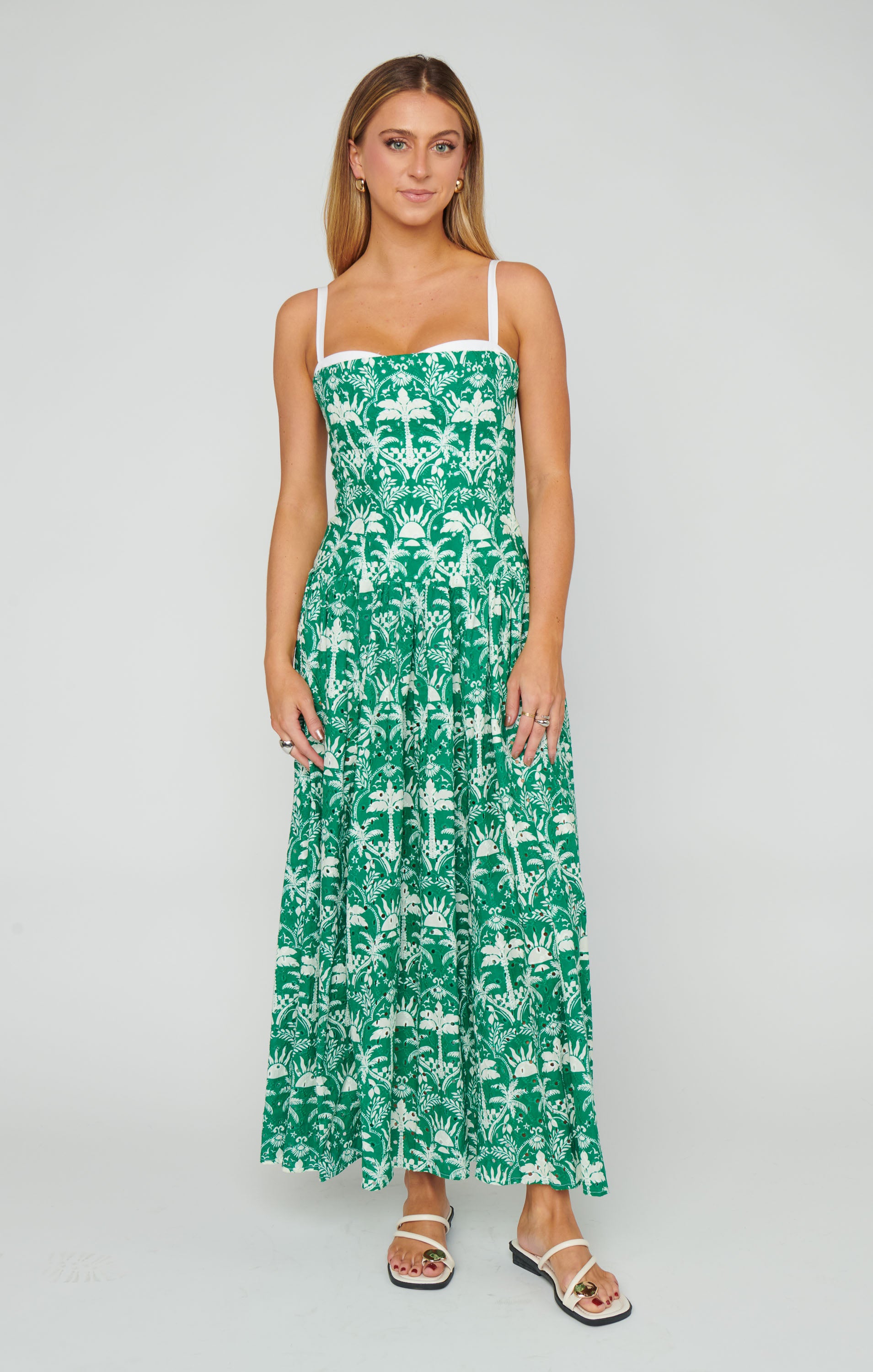 Hepburn Midi Dress with Tiki Palms Print - Vintage Floral Summer Dress for Women | Beach Wedding, Vacation, Party Outfit