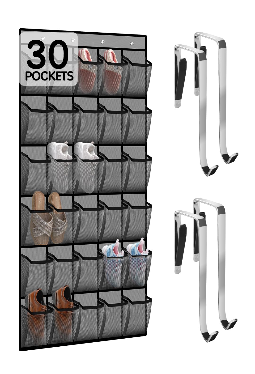 30 Compartment Breathable Mesh Over the Door Shoe Organizer - Large Hanging Closet Storage for Men & Women - Perfect for Bedroom, Closet, or Entryway Organization (Gray)