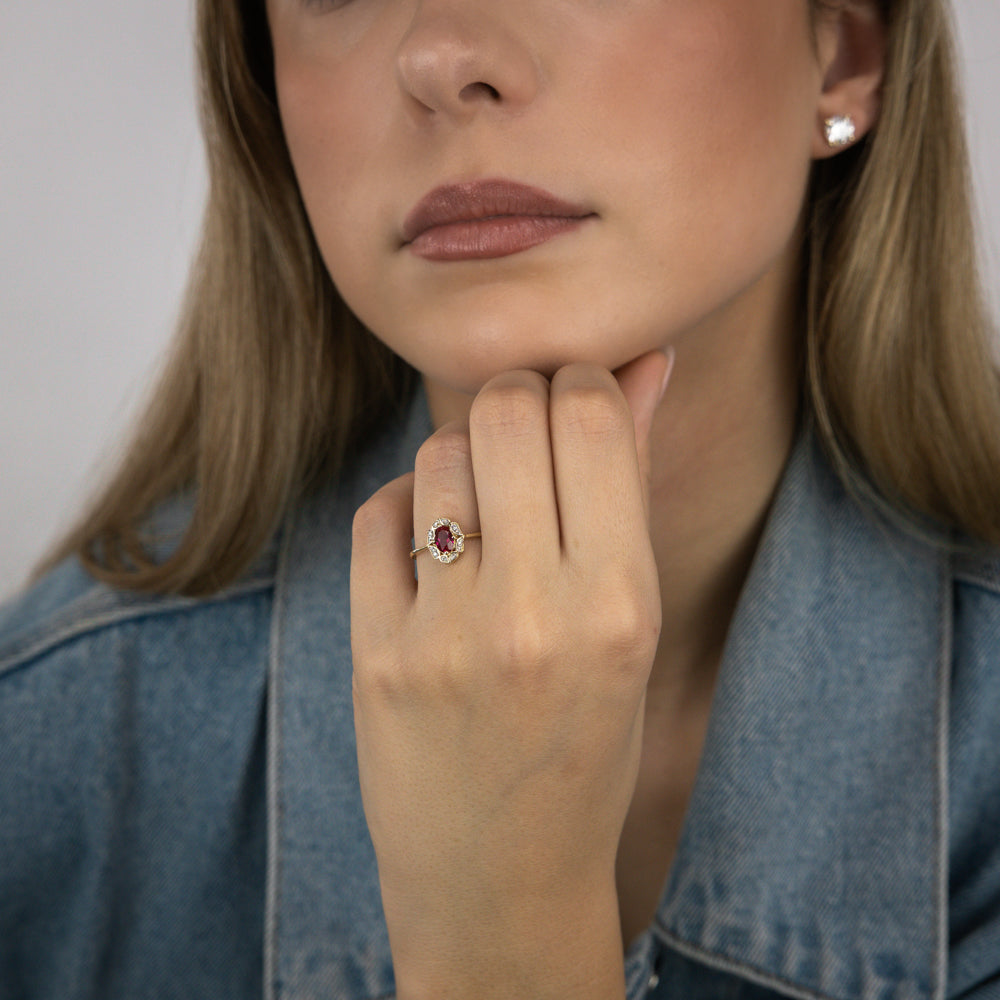 0.50 Carat Lab-Created Ruby and Diamond Oval Ring in 9K Yellow Gold | Elegant Engagement, Anniversary, or Gift Jewelry for Women