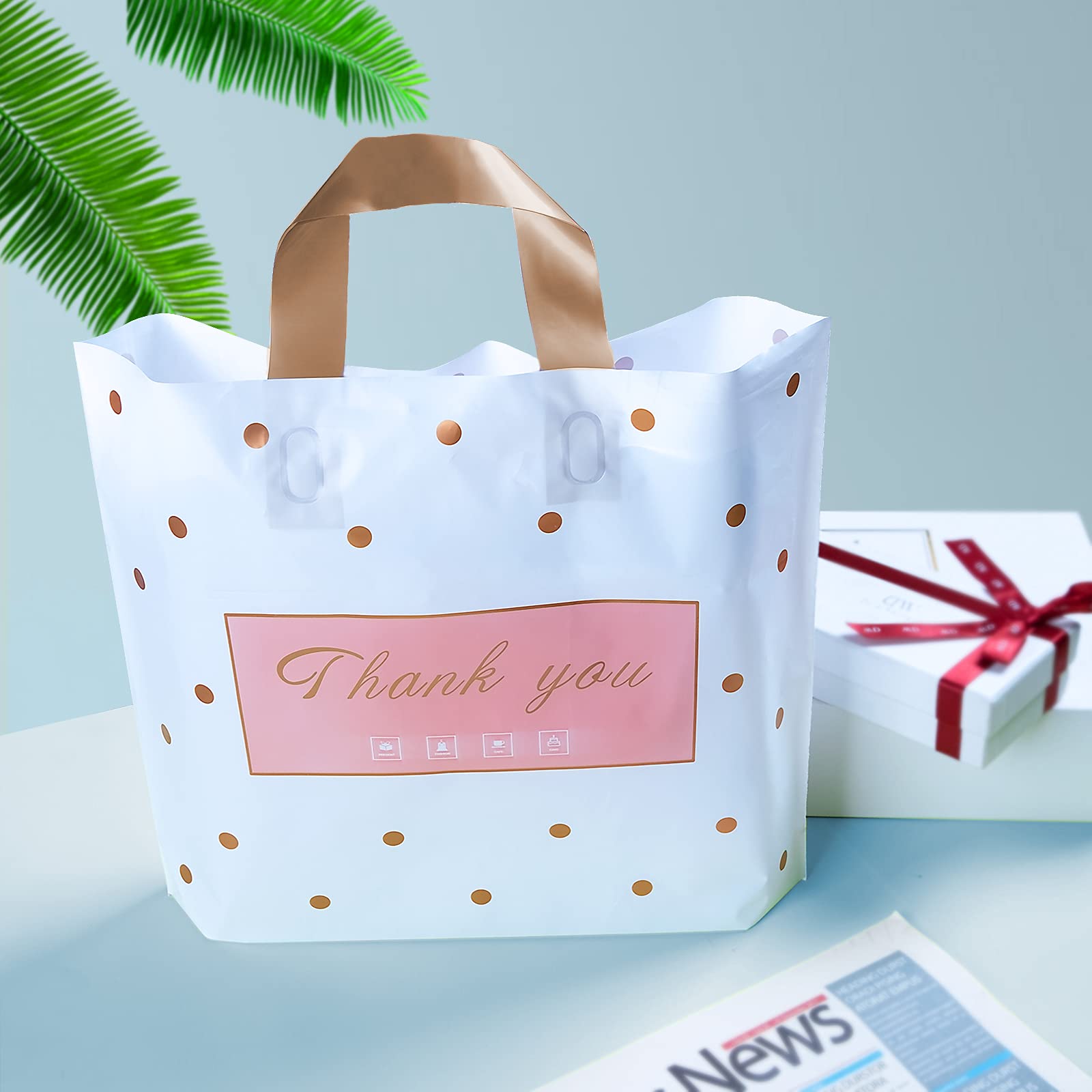 MLAFLY 50 Pack Thank You Bags - Small 10x12 Inch Polka Dot Plastic Shopping Bags for Retail, Boutique & Small Business | Customer Appreciation, Party Favors & Goodie Bags | Perfect for Gift Wrapping, Store Purchases & Event Giveaways