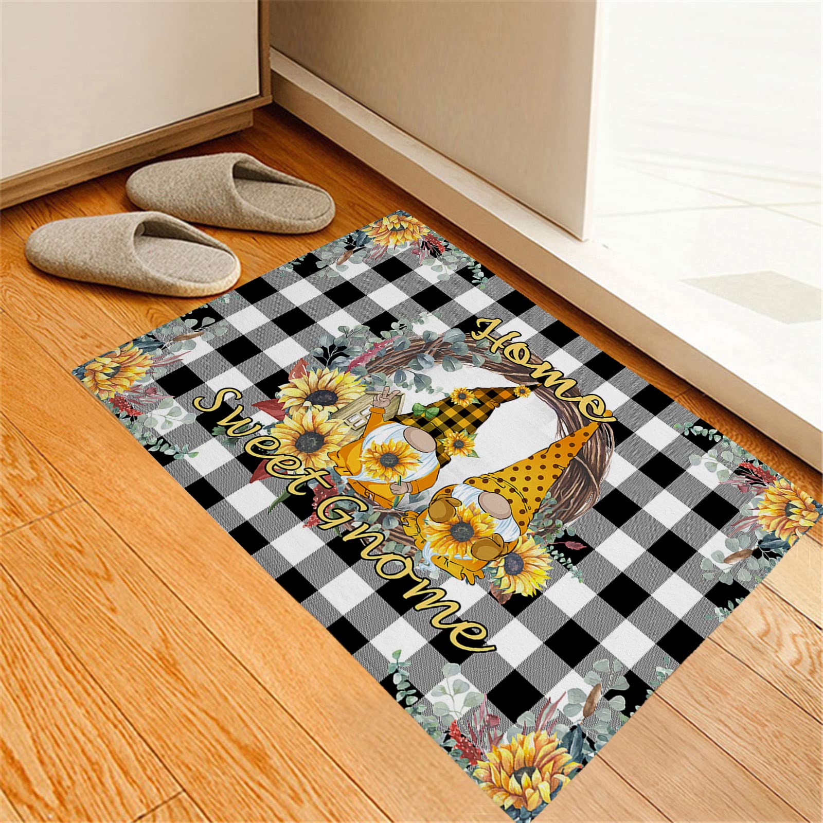 24x35 Inch Sunflower Gnome Doormat - Absorbent Rubber Welcome Mat for Front Door, Indoor Entrance, Waterproof & Non-Slip - Perfect for Farmhouse, Cottage & American Rural Home Decor