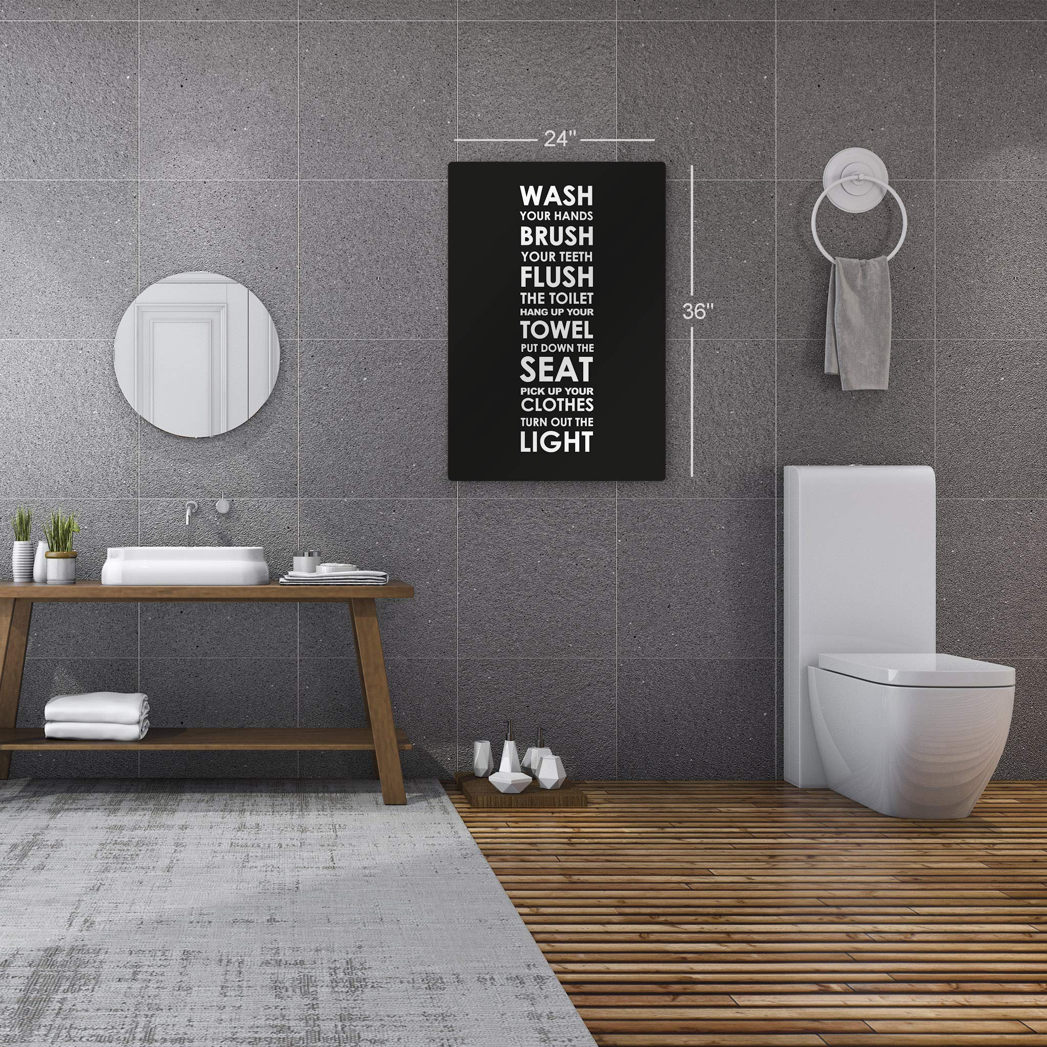 Smile Art Design Bathroom Rules Quote Metal Print - Funny Kids Bathroom Sign, Black & White Typography Wall Decor (30x20 Inch) - Ready to Hang Home Decoration Made in USA | Perfect for Family Bathrooms, Guest Powder Rooms & Kids' Spaces