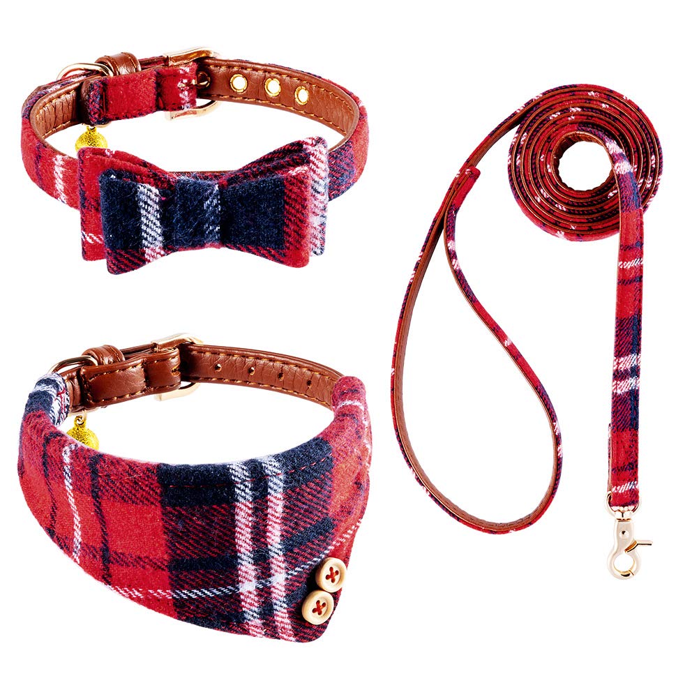EXPAWLORER Adjustable Dog Collar and Leash Set with Plaid Bow Tie, Bandana & Bell - Tangle-Free Pet Leash for Small, Medium & Large Dogs - Perfect for Holidays, Walks & Gifting