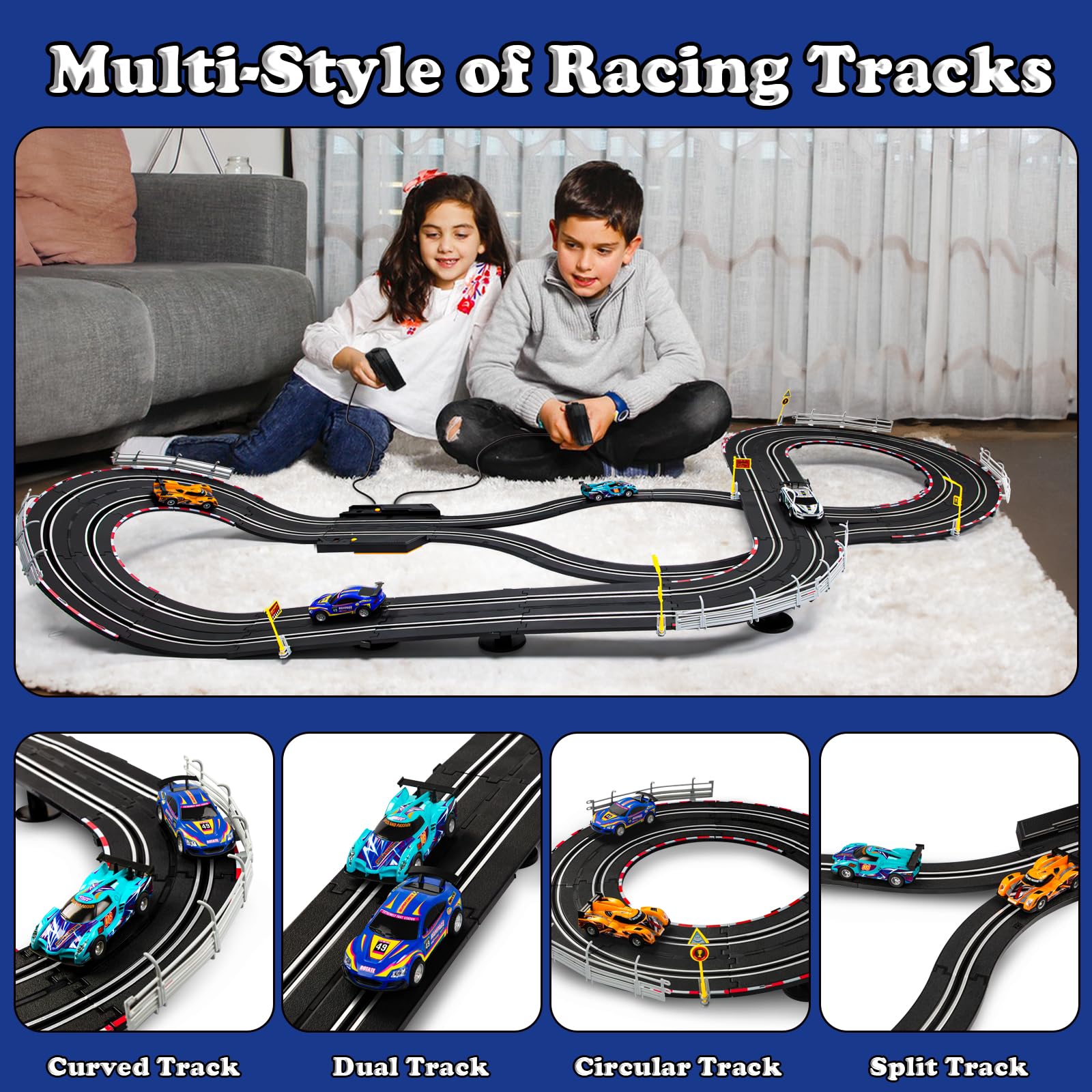 Electric Slot Car Race Track Set for Kids - 4 Slot Cars, Dual Racing Track & 2 Hand Controllers - RC Racing Toy for Boys & Girls Ages 8-12 - Perfect Birthday Gift for Indoor Racing Fun & Family Game Nights