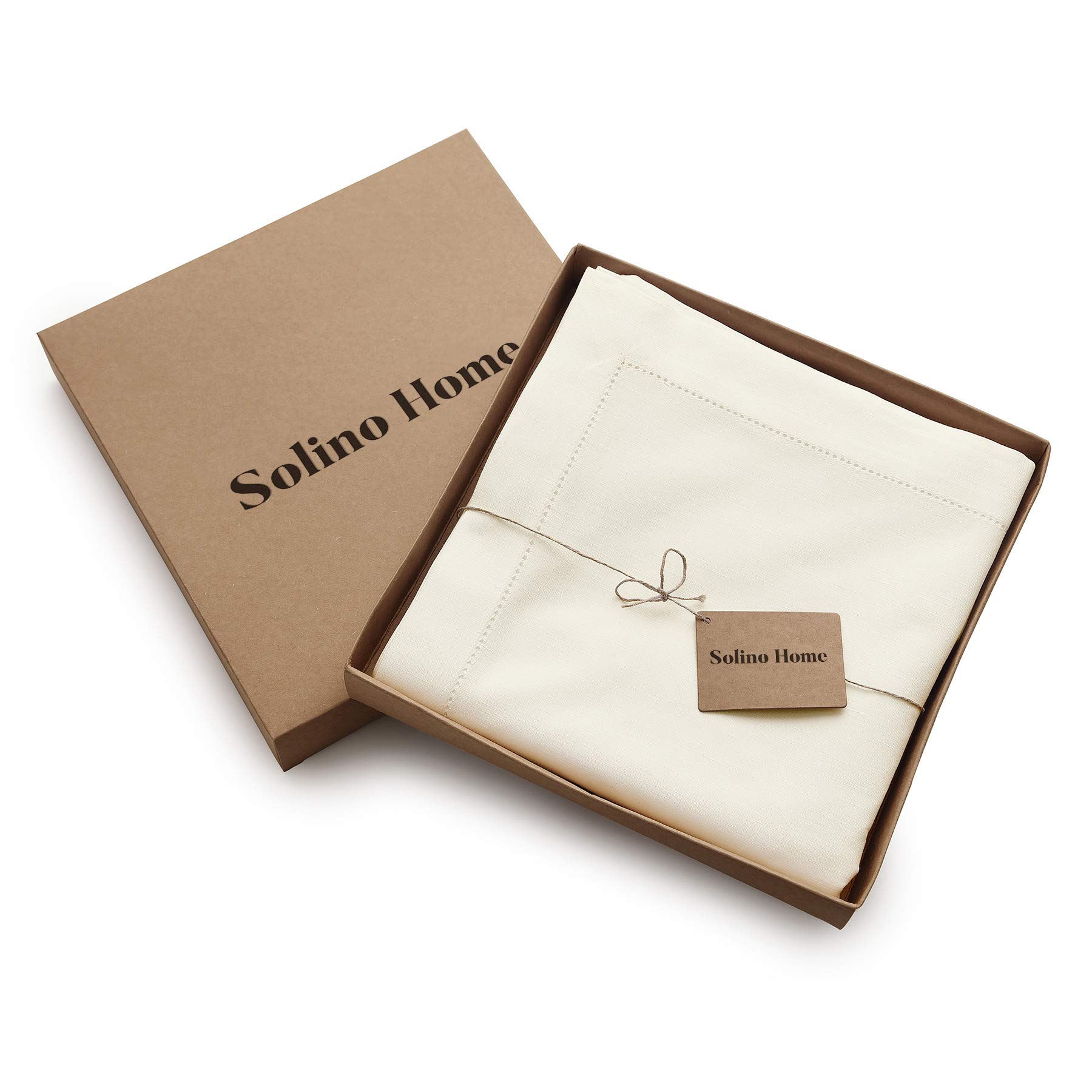 Solino Home Ivory Cotton Linen Hemstitch Tablecloth 58x120 Inches - Elegant Rectangle Table Cover for Dining Room, Wedding & Party Decor - Machine Washable Table Linen for Spring, Easter, Mother's Day Celebrations - Perfect for Holiday Gatherings, Family Dinners & Special Occasions