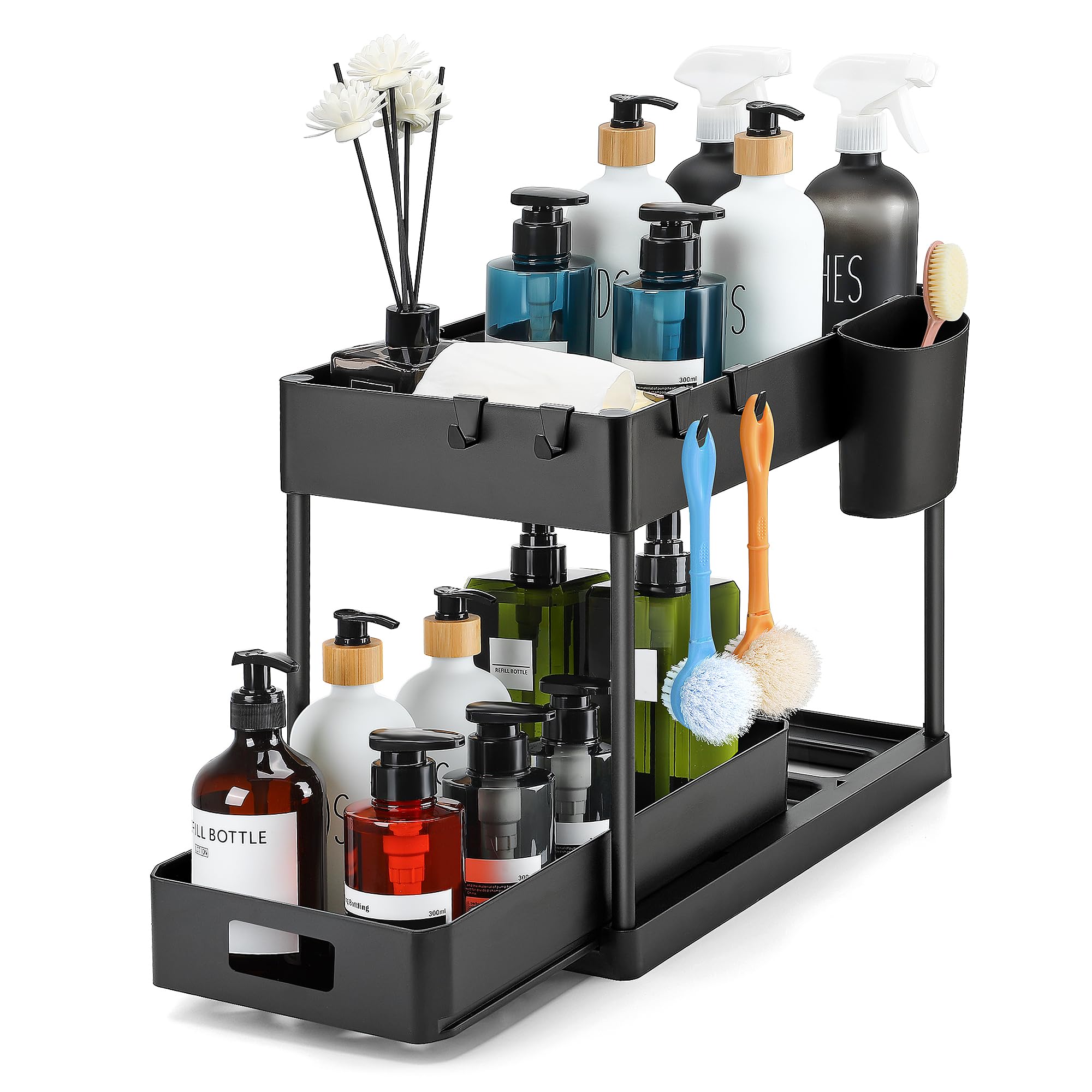 Ravinte 2-Tier Pull Out Under Sink Organizer with Hooks & Hanging Cup - Multi-Purpose Sliding Cabinet Storage for Kitchen & Bathroom - Space Saving Matte Black Design - Perfect for Small Spaces, Apartments & RVs
