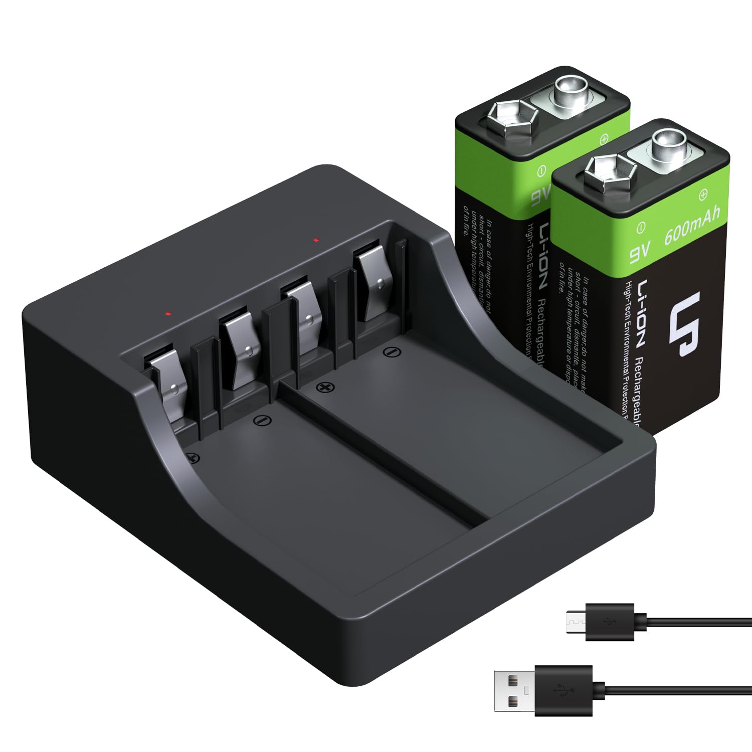 LP 9V Rechargeable Batteries with Charging Station - 2 Pack 600mAh Long Lasting Lithium Ion Batteries - Compatible with Wireless Microphones, Flashlights, Guitars, Keyboards - Perfect for Stage Performances, Camping & Emergency Power Backup