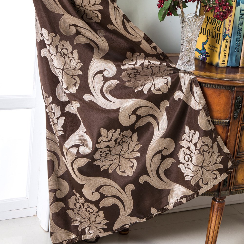 Luxury Brown Damask Jacquard Curtains for Living Room & Bedroom - Victorian Style Home Decor Drapes (2 Panels, 52x108 Inches Each) - Perfect for Elegant Window Treatments & Cozy Home Atmosphere