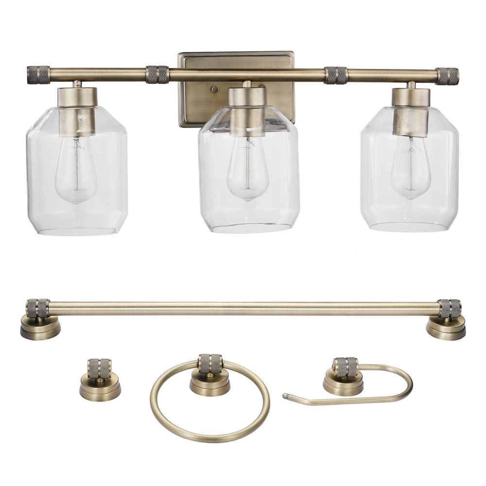 Globe Electric 60495 Middleton 5-Piece Bathroom Set - Brass Finish Vanity Light with Clear Glass Shades, Towel Bar, Toilet Paper Holder, Towel Ring & Robe Hook | Modern Bathroom Decor for Home & Hotel Use