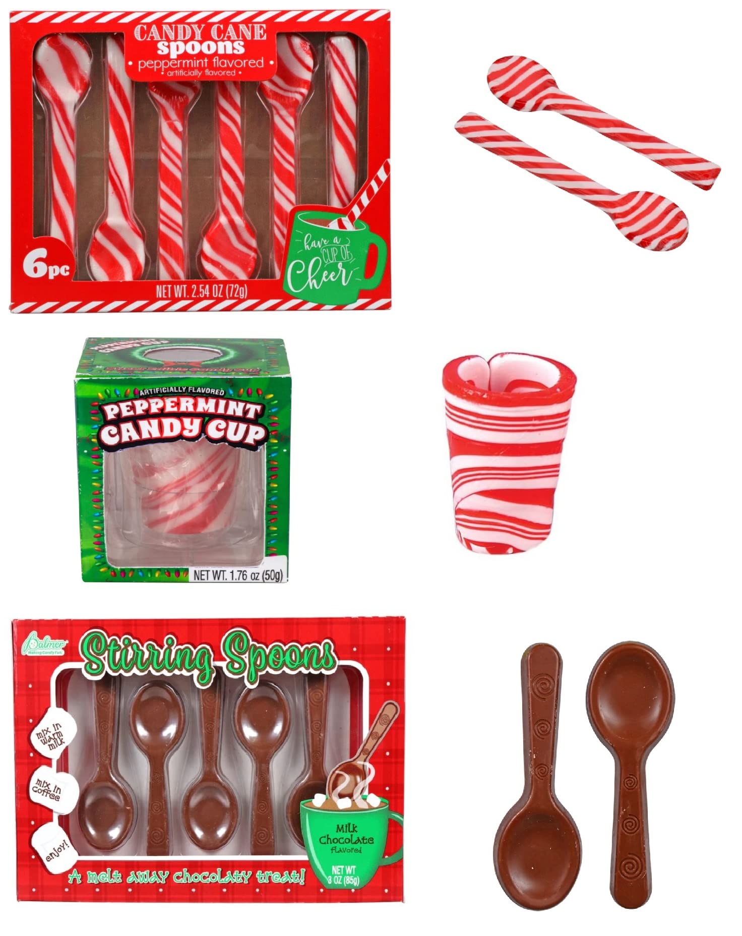 6 Peppermint Flavored Edible Spoons + 5 Milk Chocolate Spoons with Candy Cane Cup - Individually Wrapped Holiday Dessert Set - Perfect for Hot Cocoa, Coffee Stirring & Christmas Party Treats