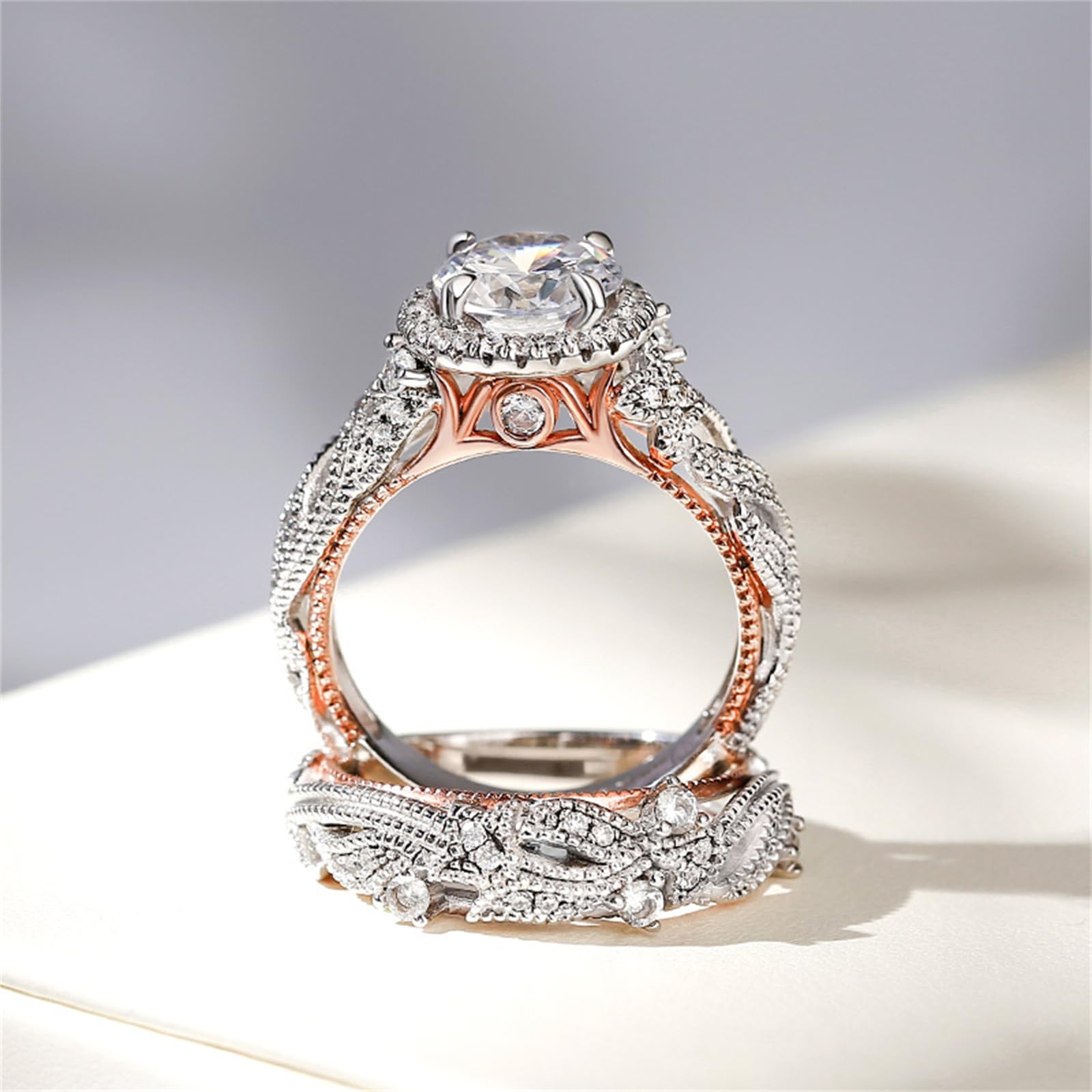 Jeulia 4 Carat Openwork Wedding Ring Set for Women - 925 Sterling Silver & Rose Gold Halo Engagement Ring with Round Cut White Diamond & CZ Solitaire Band - Perfect for Anniversaries, Proposals, and Special Occasions