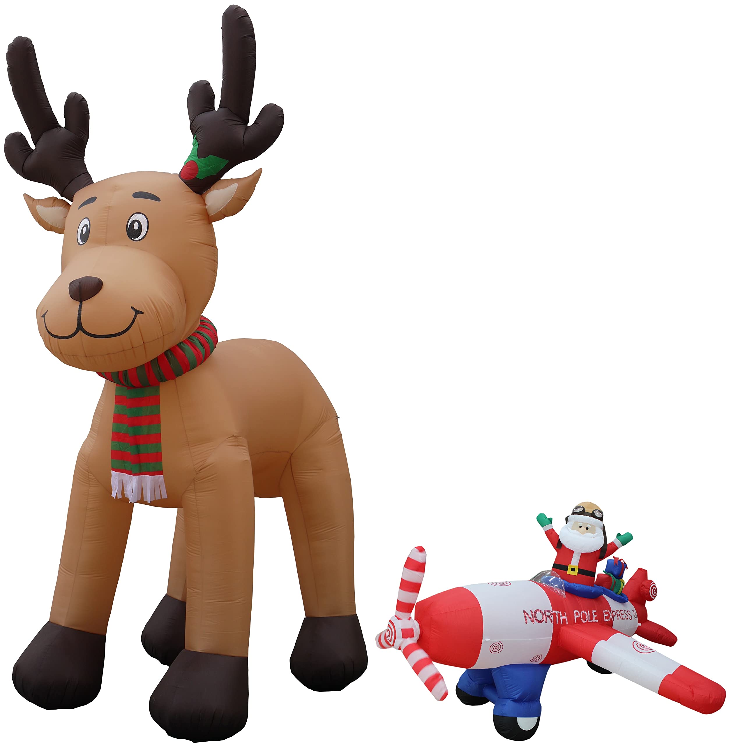 15ft Christmas Inflatable Reindeer & 8ft Animated Santa Claus Flying Airplane Decorations Bundle - Outdoor Holiday Party Decor for Yard, Garden, and Christmas Festivities