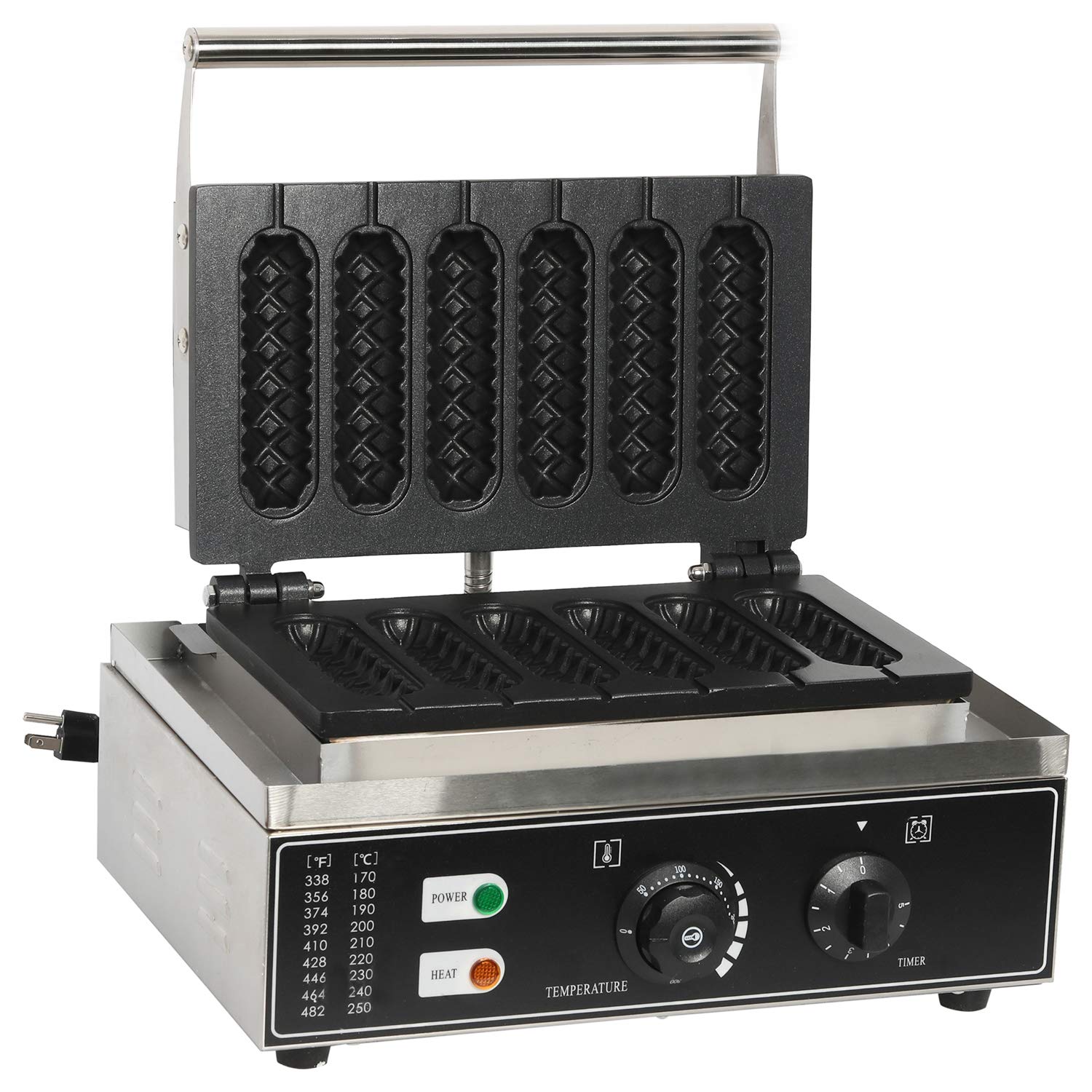 DasMarine Commercial Corn Dog Waffle Maker - 6Pcs Non-Stick Hotdog Waffle Iron with Temperature Control (50-300°C) & Timer - Stainless Steel for Restaurant, Bakery, Snack Bar & Home Use - Perfect for Parties, Breakfast & Quick Snacks (Black)