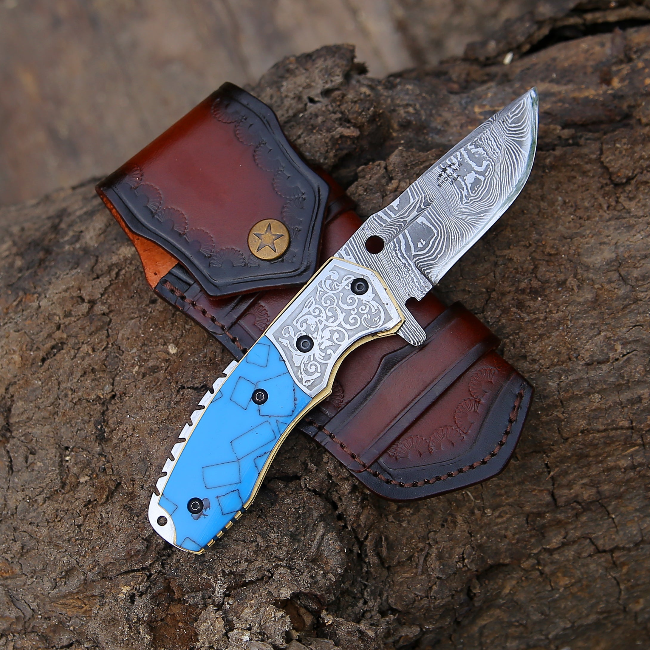 Premium Damascus Steel Folding Knife with Turquoise Resin Handle - EDC Pocket Knife for Camping, Hiking & Outdoor Adventures