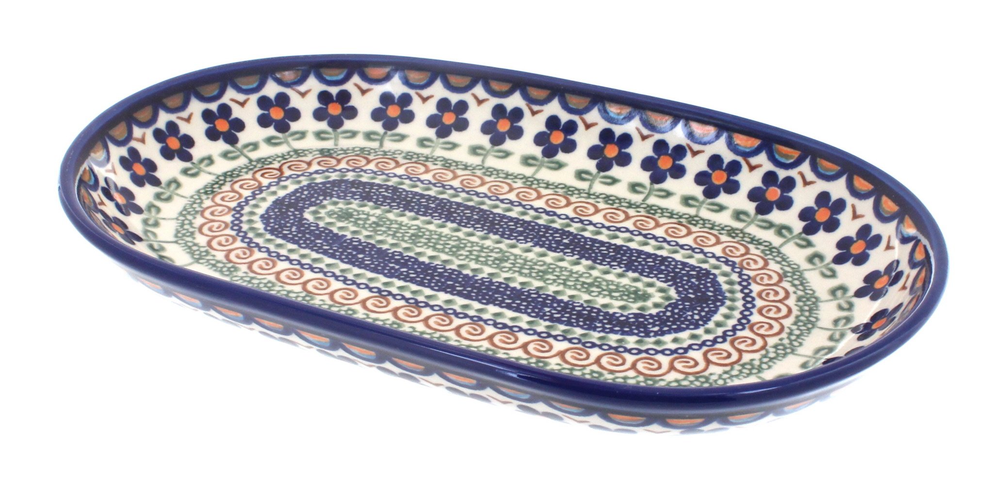 Handmade Blue Rose Polish Pottery Aztec Flower Medium Oval Dish - Perfect for Serving Appetizers, Desserts & Home Decor