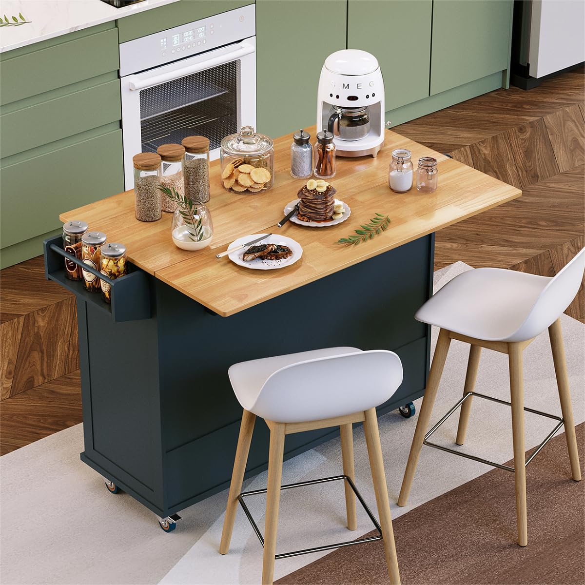 MFSTUDIO Large Rolling Kitchen Island on Wheels with Drop Leaf, 3 Drawers & Wood Countertop - Mobile Kitchen Cart with Storage for Small Spaces, Navy Blue - Perfect for Kitchen, Dining Room & Apartment Cooking