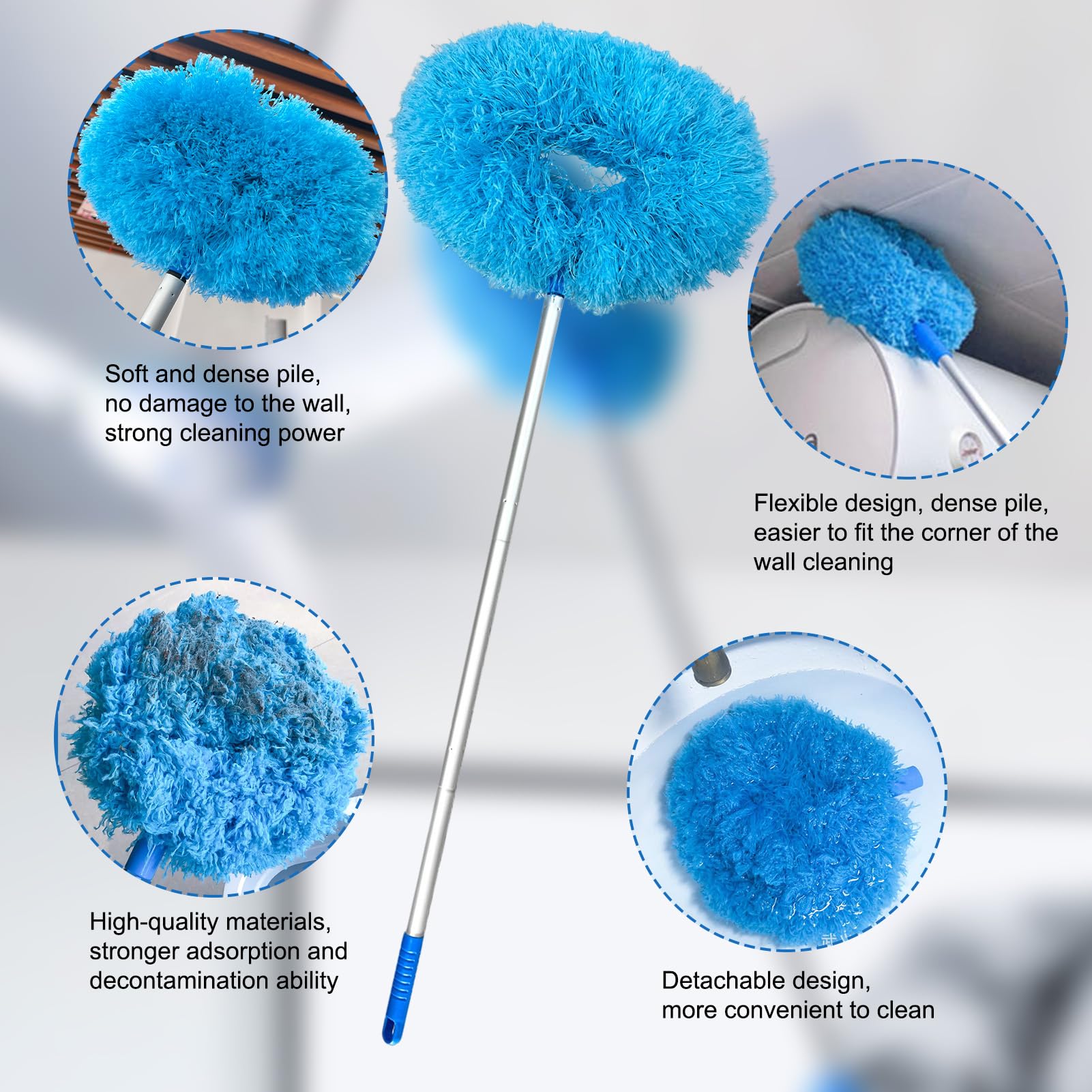 Microfiber Ceiling Fan Duster with Adjustable Extension Handle (13-57.1 in) - Washable & Removable Fuzzy Fan Cleaner for Walls, Doors, Bookshelves & Windows | Perfect for Home, Office & Hard-to-Reach Areas Cleaning - Blue