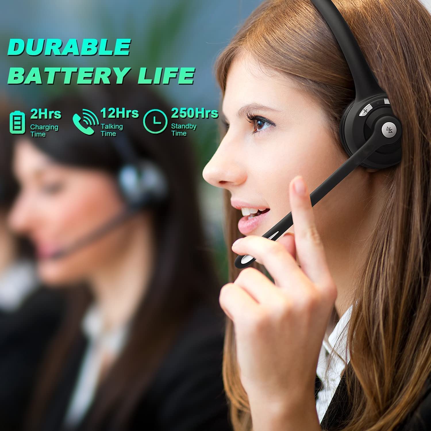 Wireless Bluetooth Headset with Microphone - 12 Hours Talk Time for Truckers, Call Center & Office Use - Noise Cancelling Headphones for Skype, PC, Home Office & Long Driving