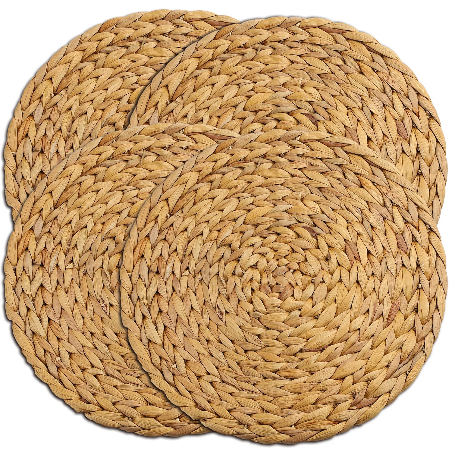 Handmade Natural Wicker Round Placemats - Large Braided Water Hyacinth Straw Dining Table Mats - Heat Resistant & Durable Woven Placemats for Everyday Meals, Dinner Parties, and Outdoor Entertaining