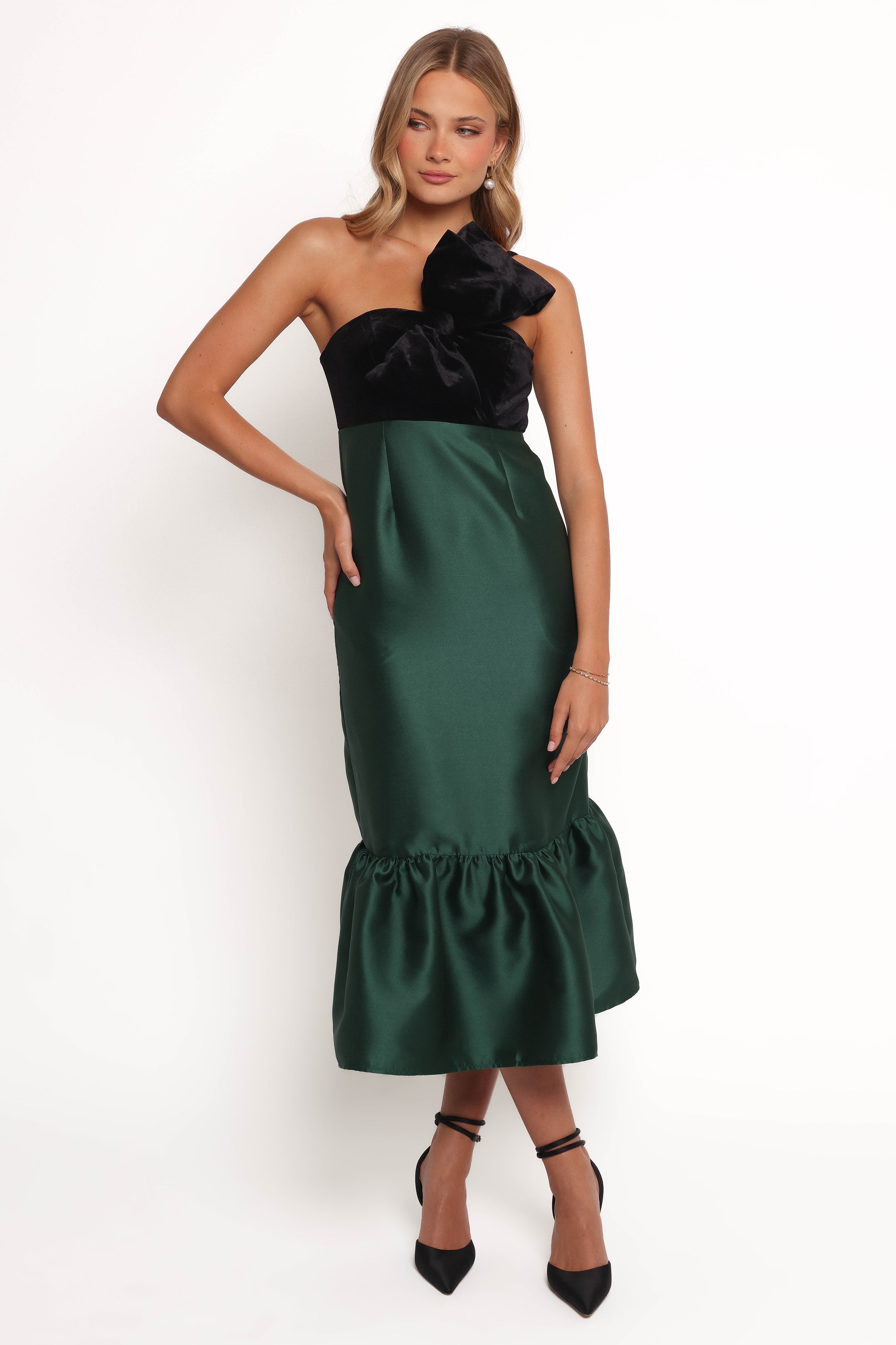 Amelie Bow Front One Shoulder Midi Dress for Women - Elegant Black & Emerald Green Formal Gown for Evening Parties, Cocktail Events & Special Occasions