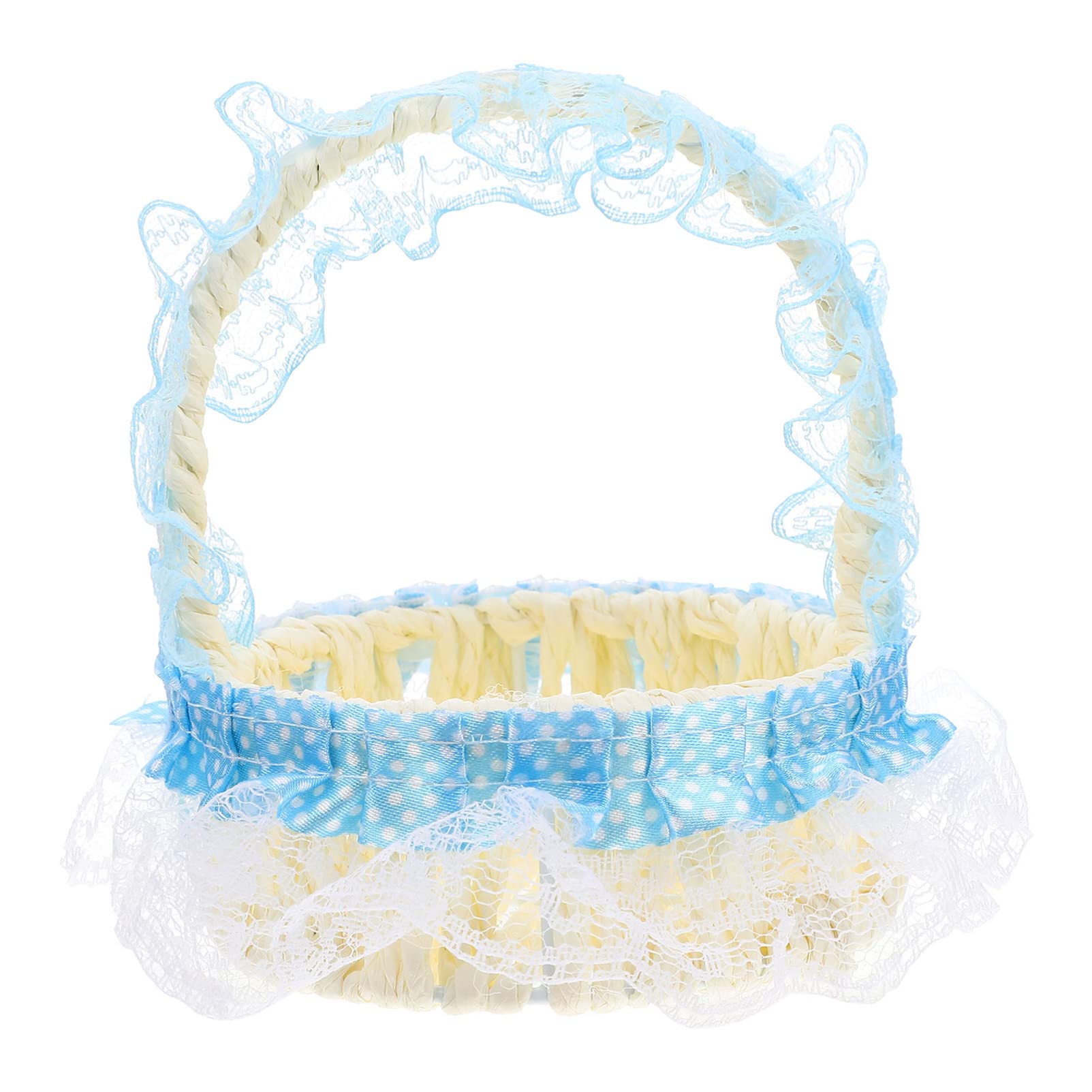 YARNOW Wicker Rattan Flower Basket with Handle - Elegant Lace Petal Wedding Basket for Flower Girls, Candy Storage & Home Decor - Perfect for Rustic Weddings, Baby Showers & Farmhouse Decor (Blue)