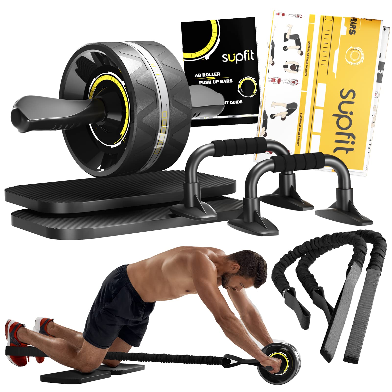 6-in-1 Ab Roller Wheel Kit with Knee Pads, Push-Up Bars & Resistance Bands - Home Gym Equipment for Core Workouts - Includes Workout Poster & Guide - Perfect for Men & Women's Abdominal Exercises at Home or Office