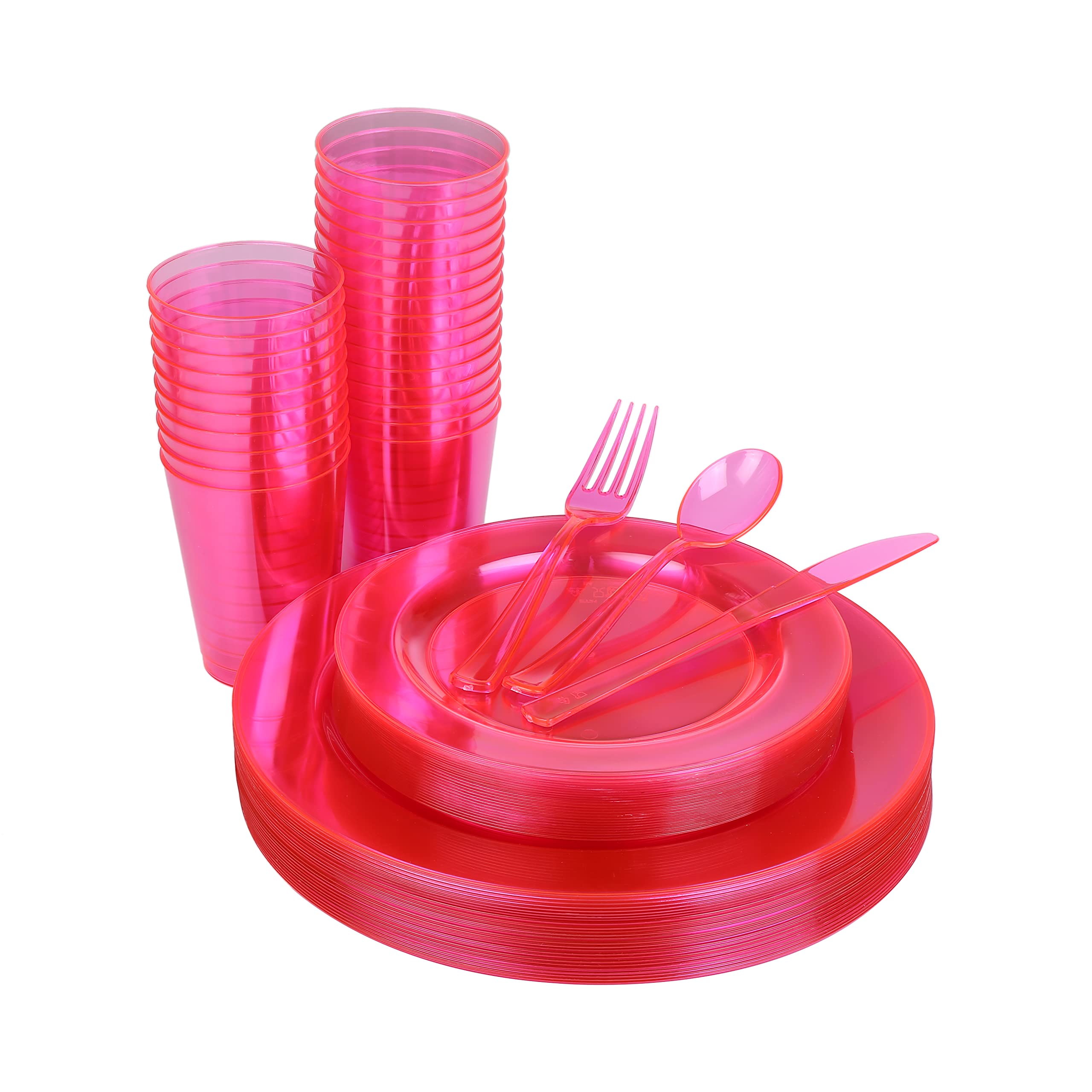 150-Piece Pink Plastic Party Tableware Set - 25 Dinner Plates, 25 Salad/Dessert Plates, 25 Forks, 25 Spoons, 25 Knives & 25 Cups | Reusable Disposable Neon Party Supplies for Birthdays, BBQs & Outdoor Events