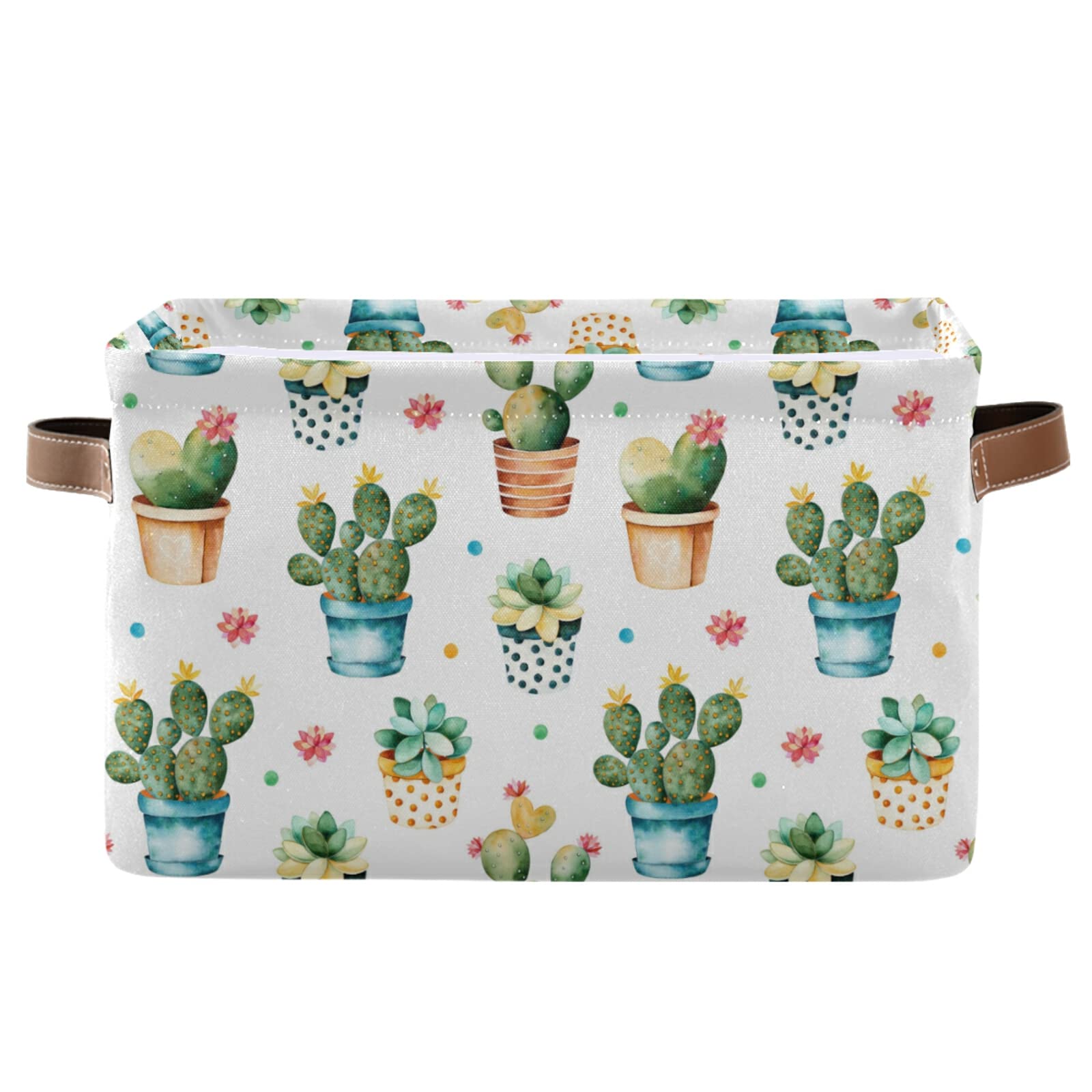 Kcldeci Foldable Storage Baskets with Handles - Decorative Cactus & Succulent Plant Organizer, Sturdy Rectangle Closet Bins for Shelves | Perfect for Nursery, Home & Office Organization