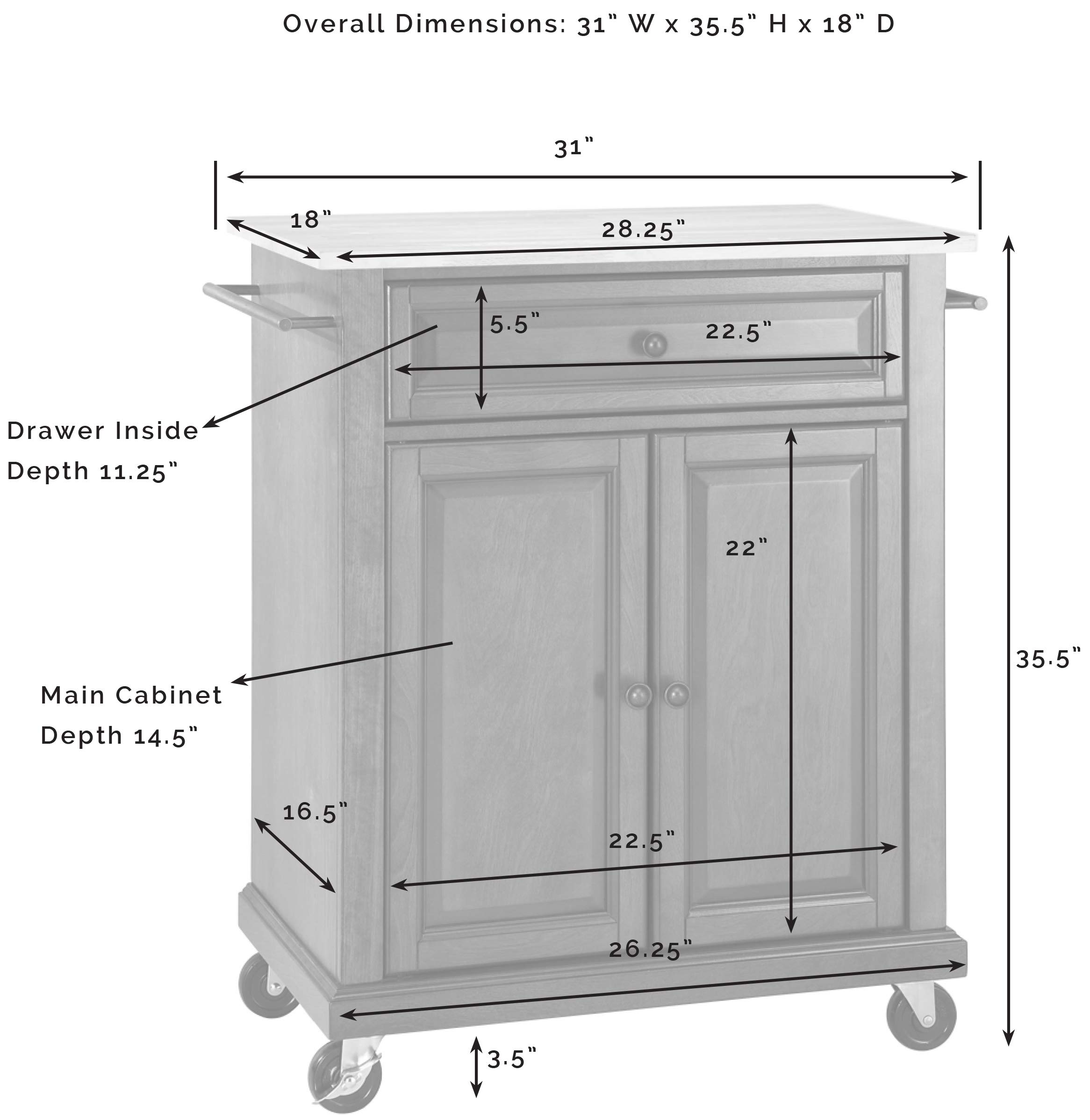 Crosley White Compact Rolling Cart with Stone Top & Shelves - Microwave Stand, Towel Rack, Small Kitchen Island for Apartments, Dorms & Office Spaces