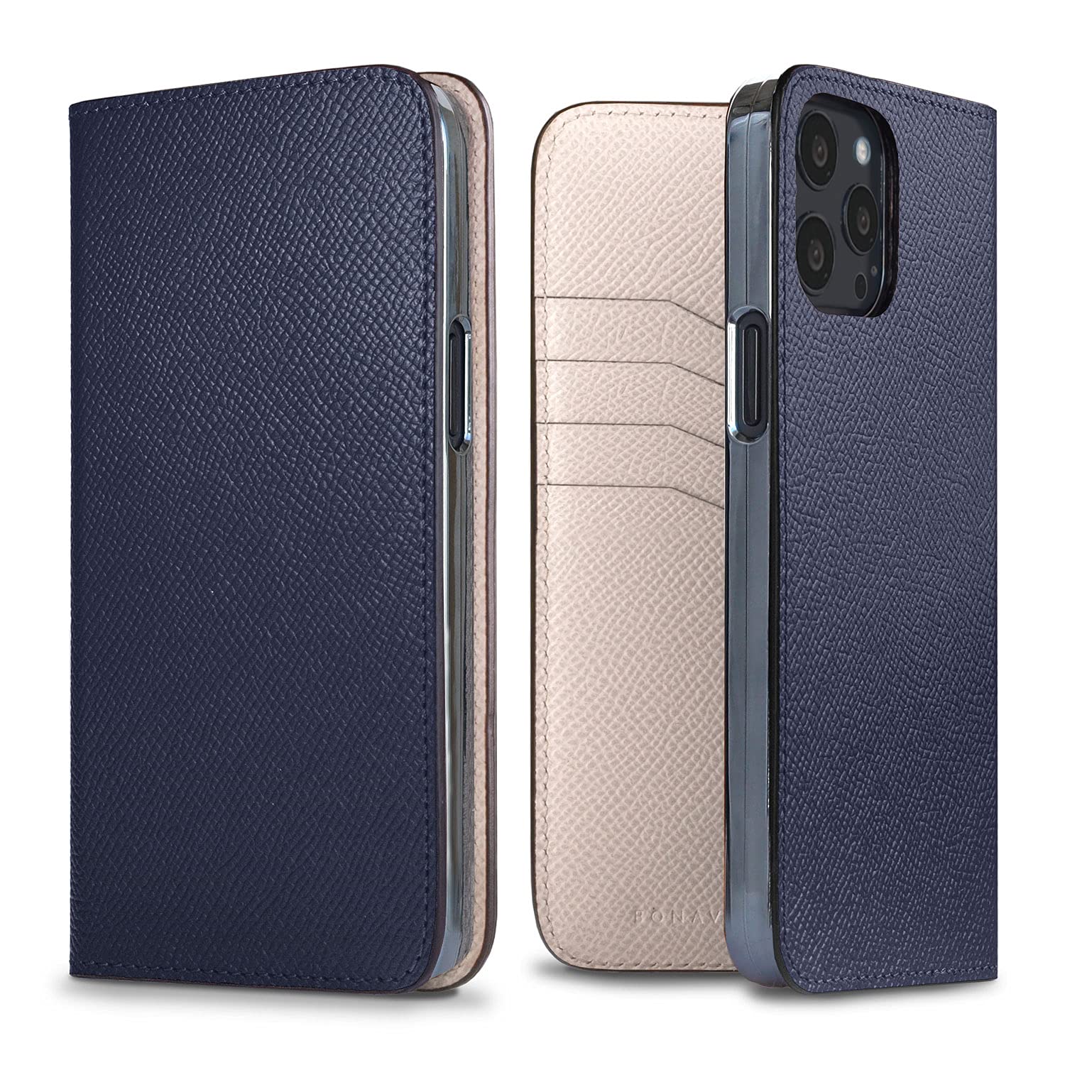 BONAVENTURA Noblessa Diary Smartphone Case for iPhone 13 Pro Max - Navy & White Luxury Leather Wallet Cover with Card Slots | Perfect for Work, Travel & Everyday Protection (BODN13PM-NAWH)
