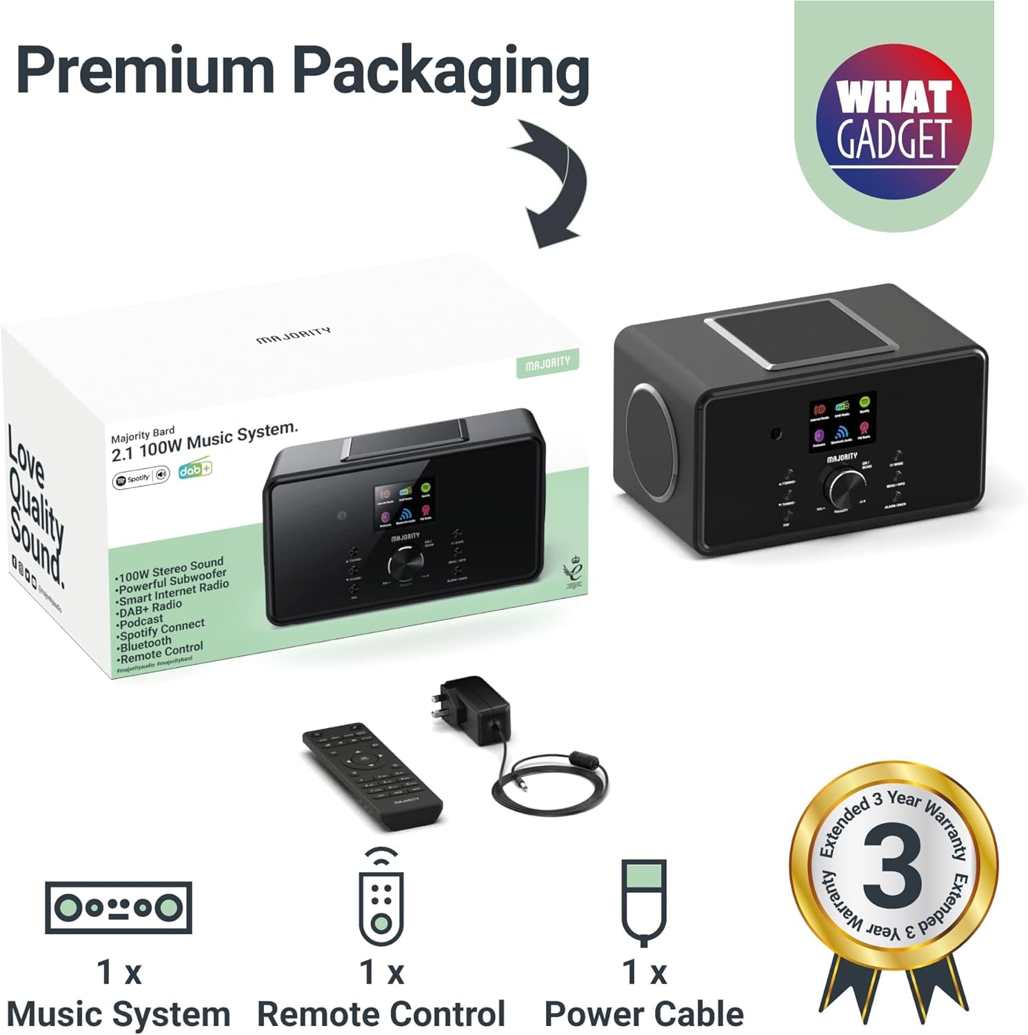 Majority Bard White Bluetooth Internet Radio with DAB+, 100W 2.1 Speakers & Built-In Subwoofer, FM Radio, Spotify Connect, Podcasts, AUX & USB, Dual Alarm, 90+ Presets, Remote Control for Home & Office Entertainment