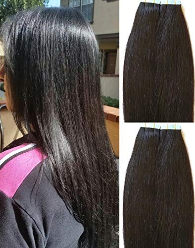 18 Inch Tape-In Hair Extensions 100g 40pcs - 100% Real Human Remy Hair, Silky Straight #1B Off Black - Glue-Free Hair Extensions for Volume & Length (Perfect for Weddings, Parties & Daily Styling)