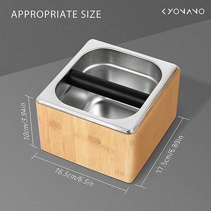 KYONANO Espresso Knock Box - Durable Bamboo & Stainless Steel Coffee Grounds Container with Non-Slip Base - Perfect for Home Baristas & Coffee Shops - Essential Espresso Accessory for Latte, Cappuccino & Americano Brewing