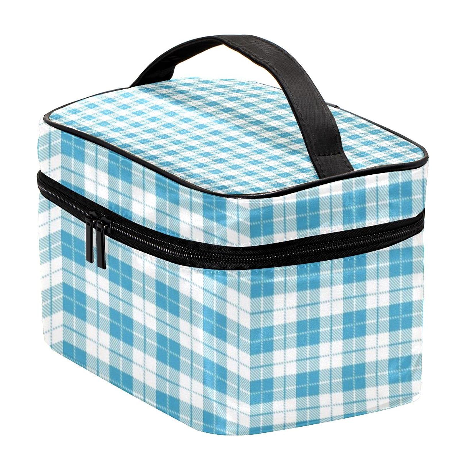 Teal Plaid Check Pattern Large Travel Makeup Bag - Waterproof Cosmetic Organizer Case with Zipper for Women & Girls | Perfect for Vacation, Gym, Business Trips & Daily Essentials Storage