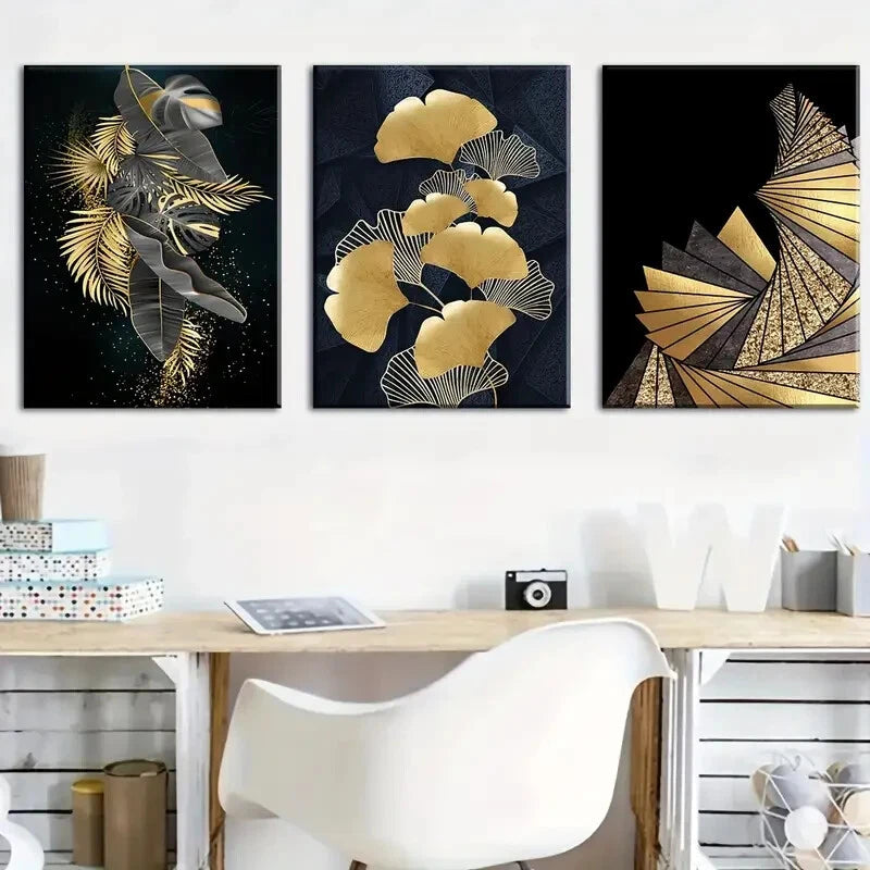 3-Piece Black & Gold Leaf Metal Wall Art Prints - Ready to Hang Home Decor for Living Room, Bedroom & Office