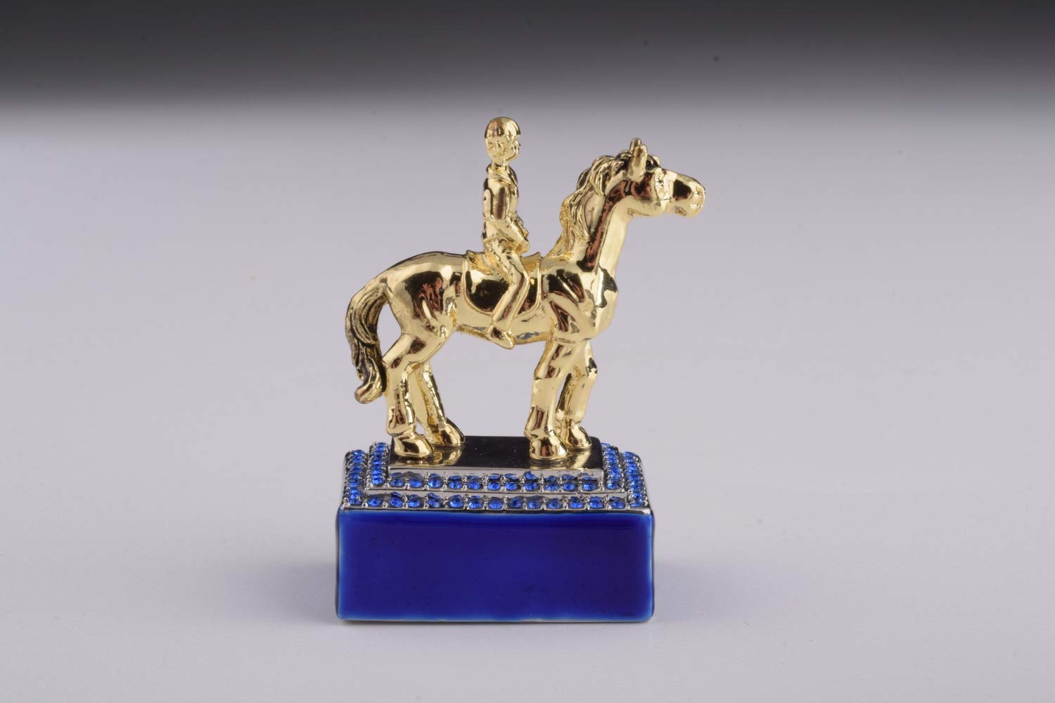 Blue Russian Egg Trinket Box with Man Riding Horse Surprise Inside - Unique Faberge Egg Decorated with Austrian Crystals - Limited Edition Collectible Easter Gift for Home Decor, Jewelry Storage & Holiday Display