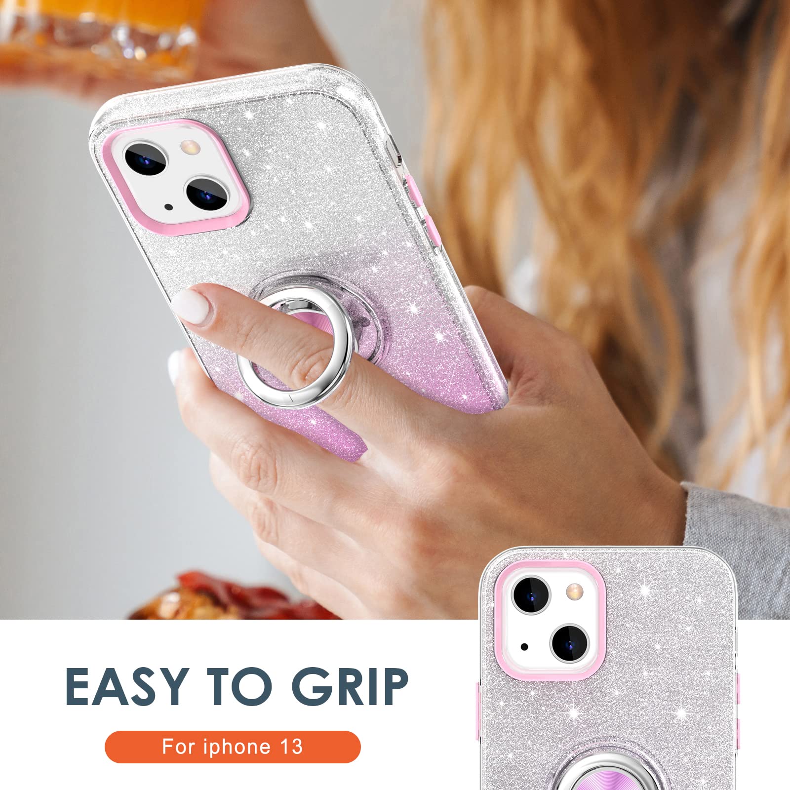 Hython Magnetic Phone Case for iPhone 13 with 360° Rotatable Ring Stand & Kickstand - Glitter Bling Sparkle Hybrid Slim Protective Cover for Women (Pink) | Perfect for Car Mounting, Hands-Free Viewing & Everyday Protection